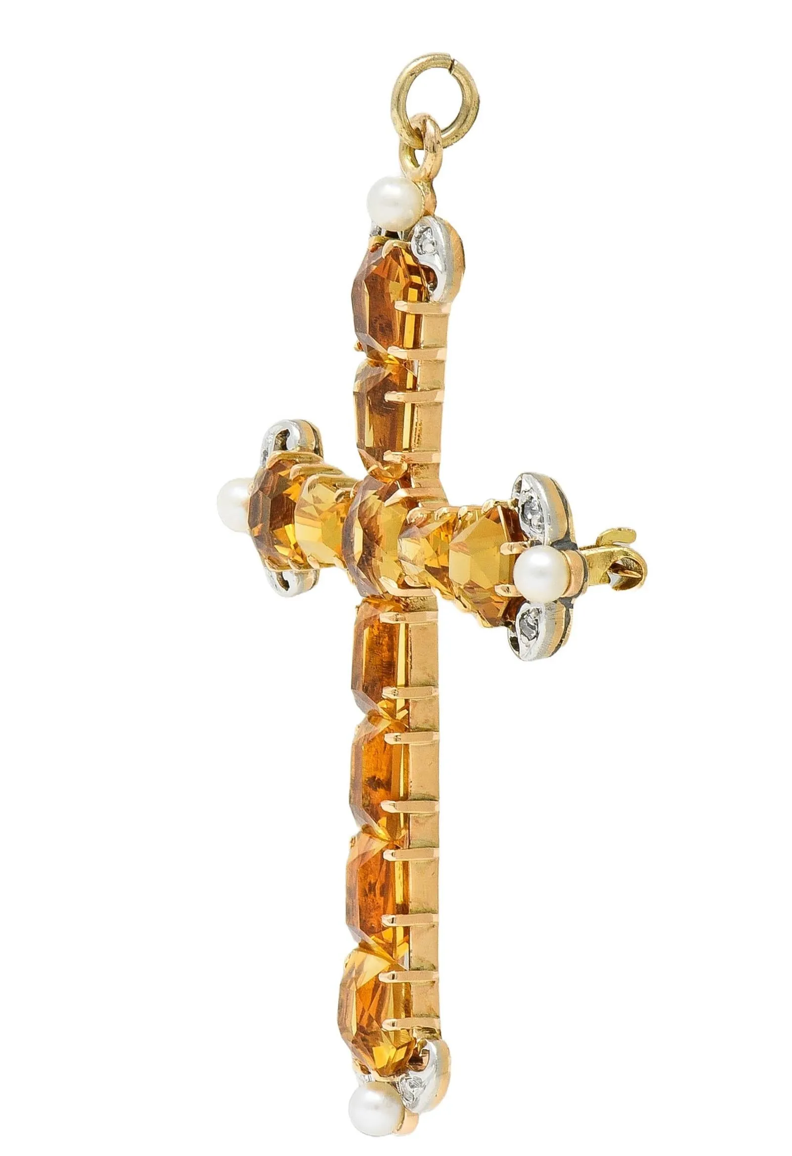 Edwardian 12.04 CTW Citrine Diamond Pearl Platinum 14 Karat Gold Antique Cross Pendant Brooch