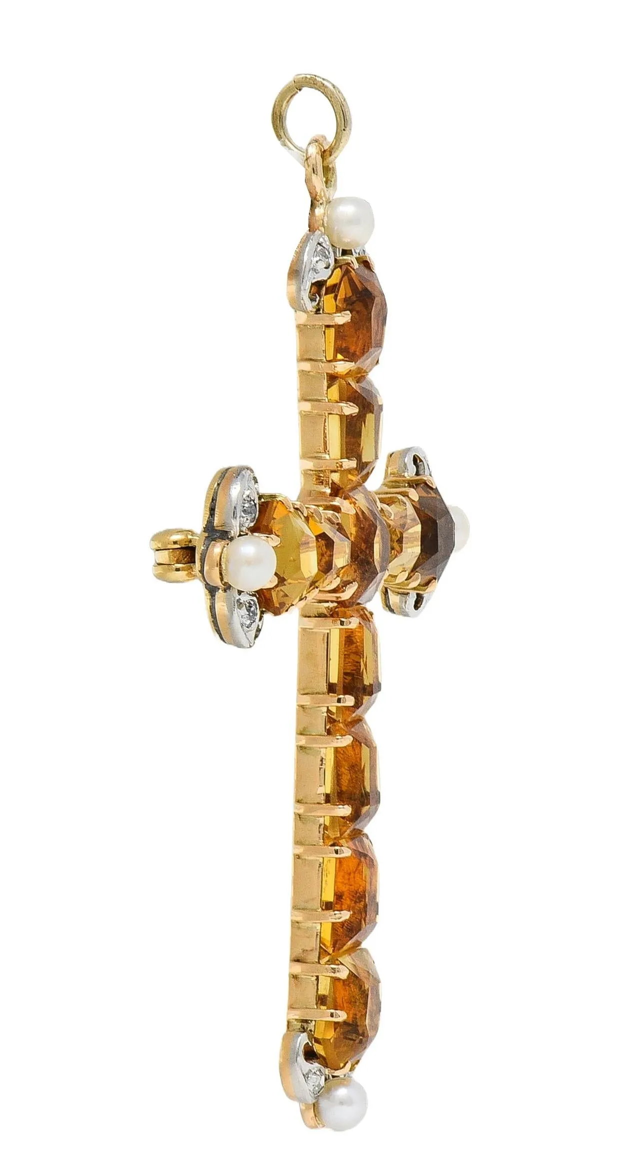Edwardian 12.04 CTW Citrine Diamond Pearl Platinum 14 Karat Gold Antique Cross Pendant Brooch