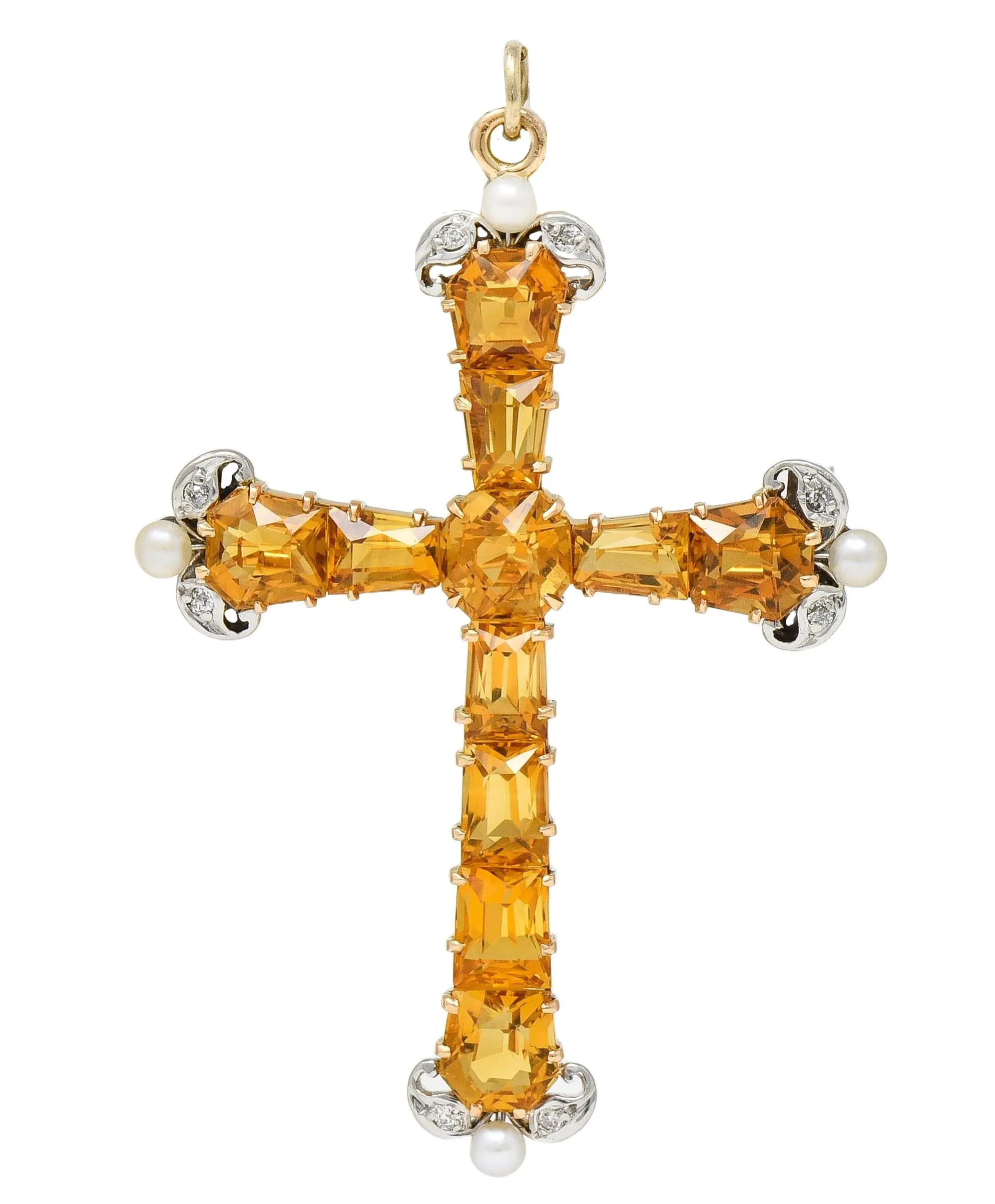 Edwardian 12.04 CTW Citrine Diamond Pearl Platinum 14 Karat Gold Antique Cross Pendant Brooch