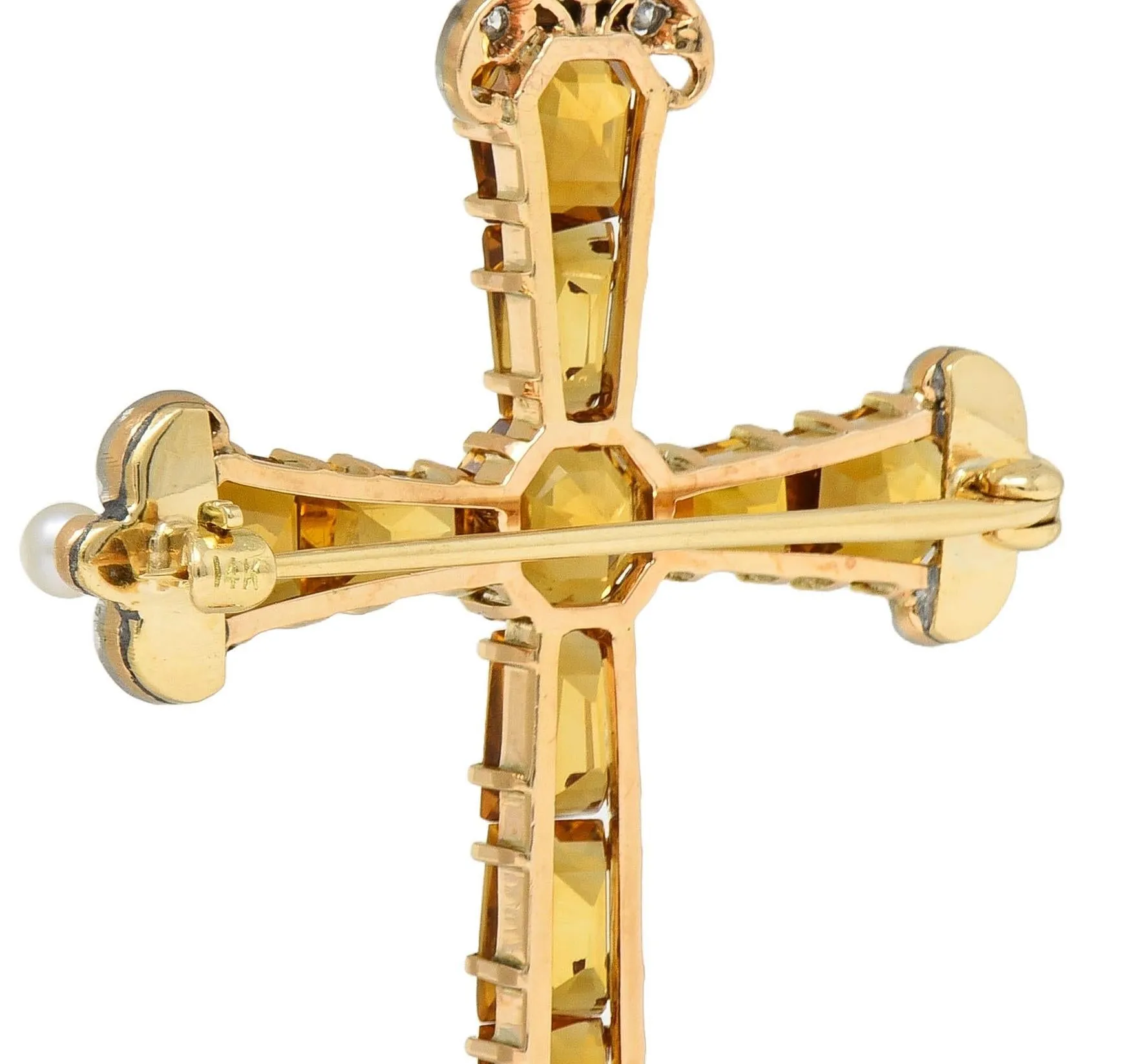 Edwardian 12.04 CTW Citrine Diamond Pearl Platinum 14 Karat Gold Antique Cross Pendant Brooch