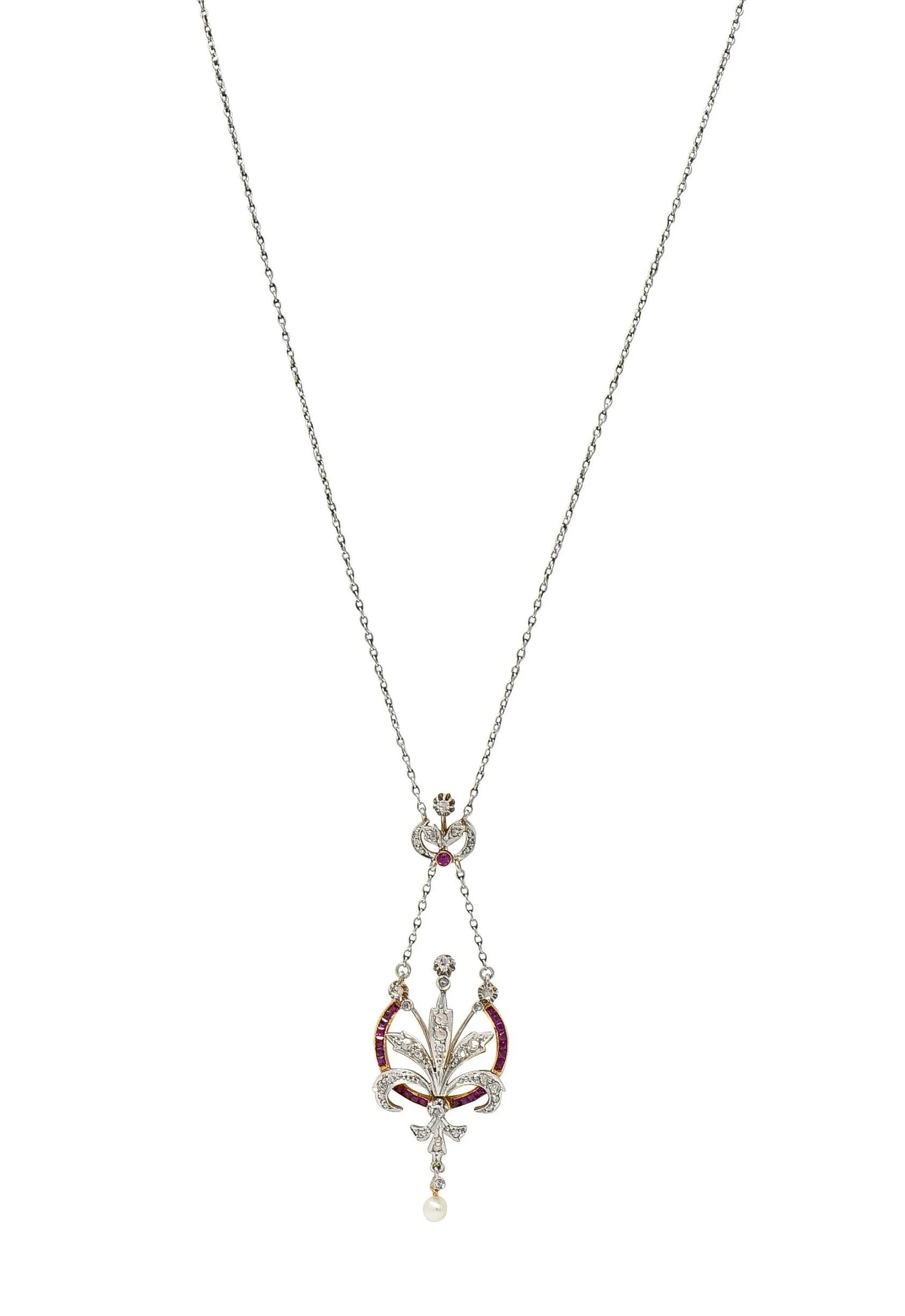 Edwardian 1.40 CTW Diamond Ruby Pearl Platinum 18 Karat Gold Antique Bouquet Necklace