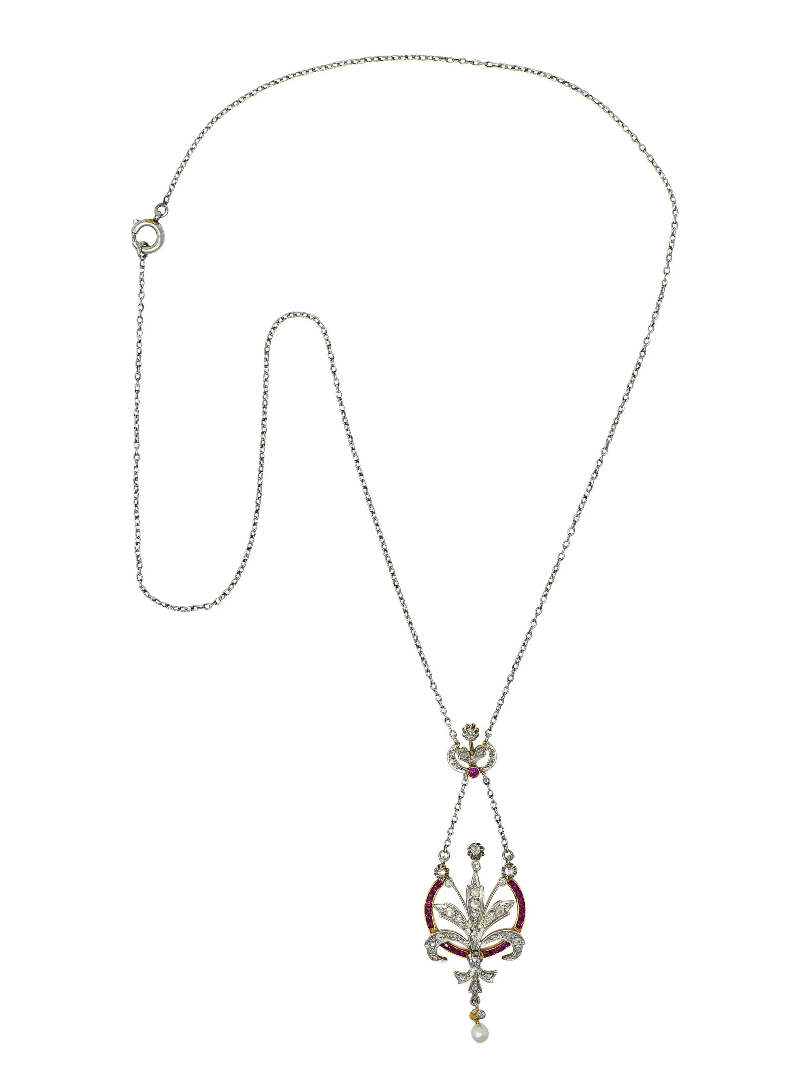 Edwardian 1.40 CTW Diamond Ruby Pearl Platinum 18 Karat Gold Antique Bouquet Necklace