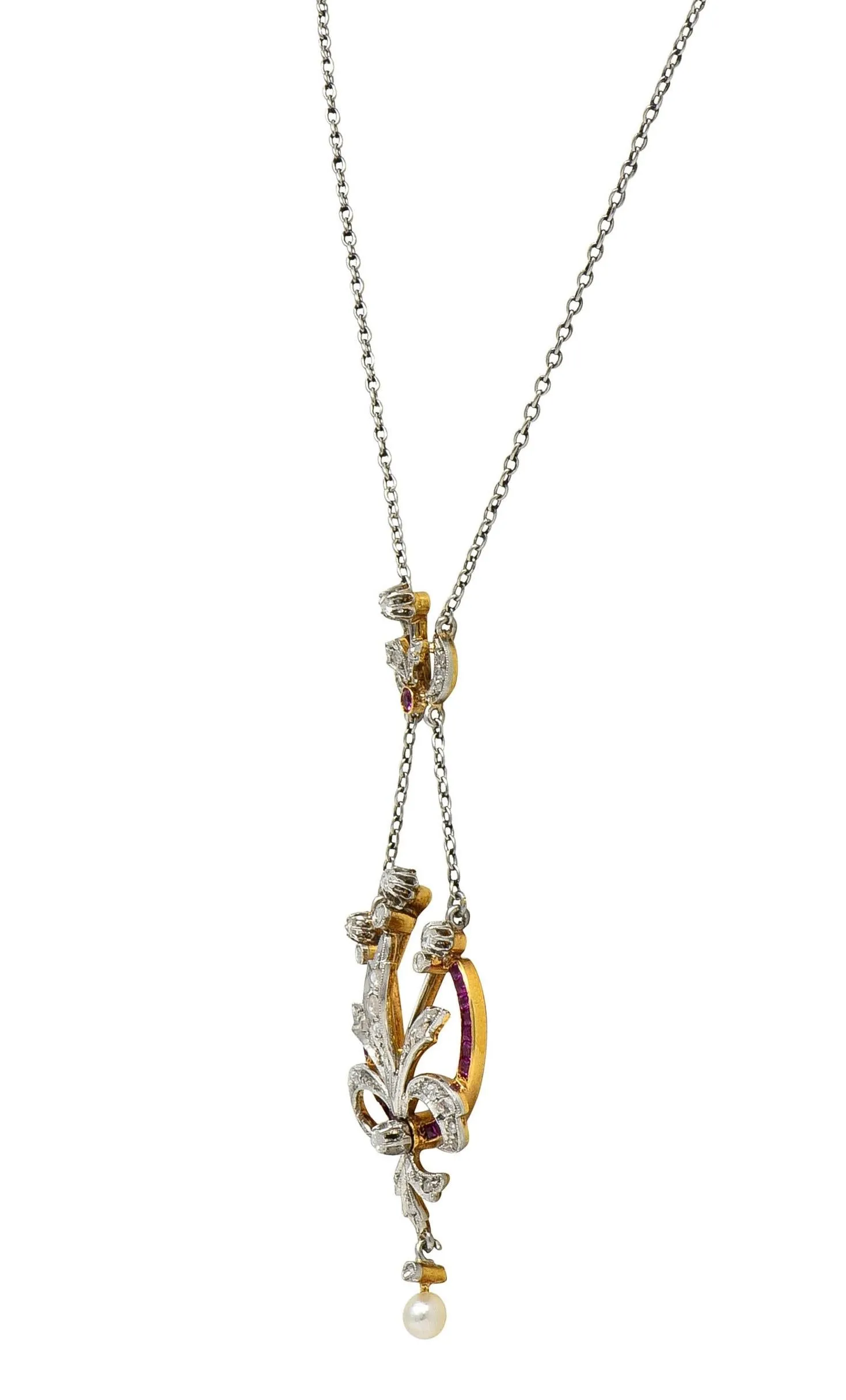 Edwardian 1.40 CTW Diamond Ruby Pearl Platinum 18 Karat Gold Antique Bouquet Necklace