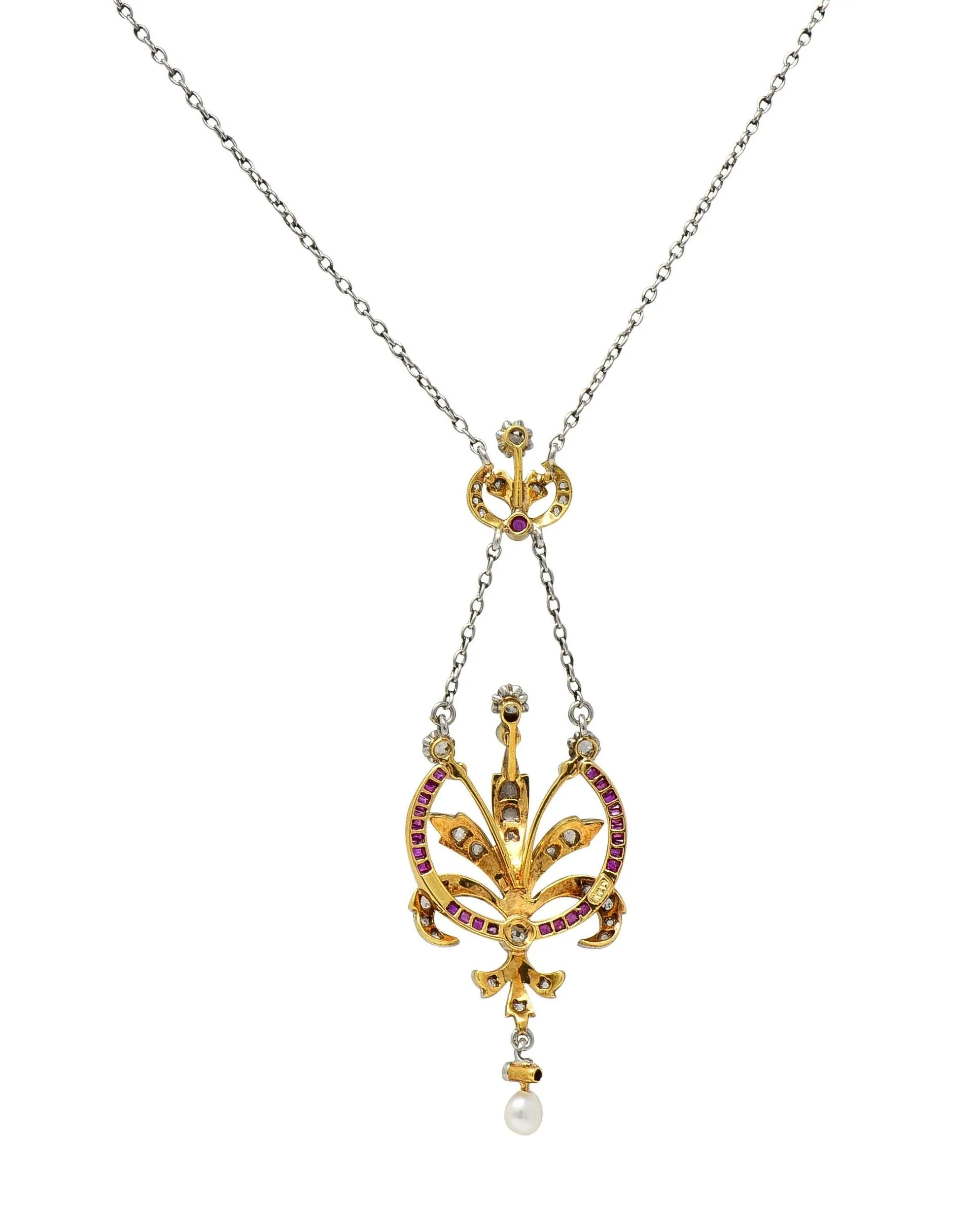 Edwardian 1.40 CTW Diamond Ruby Pearl Platinum 18 Karat Gold Antique Bouquet Necklace