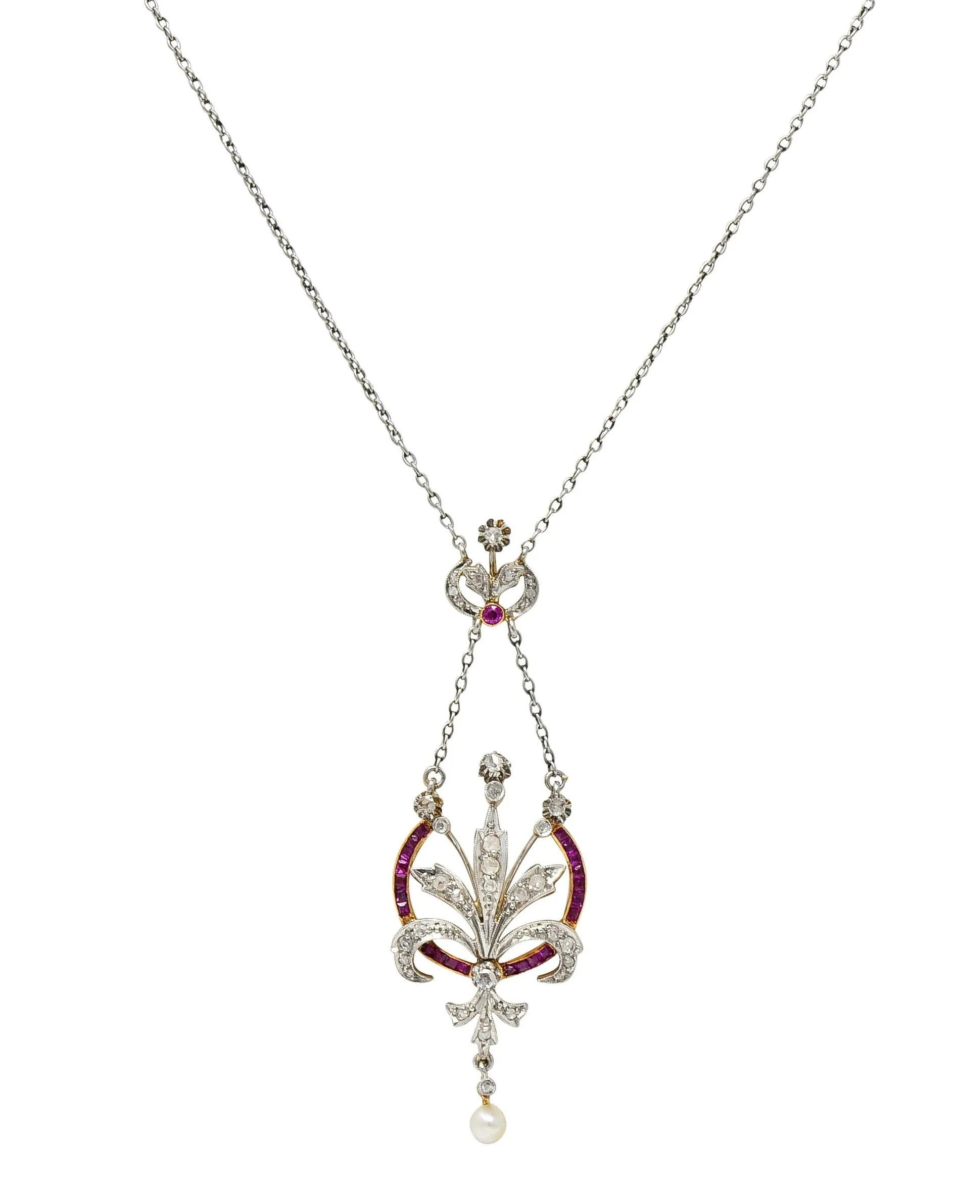 Edwardian 1.40 CTW Diamond Ruby Pearl Platinum 18 Karat Gold Antique Bouquet Necklace