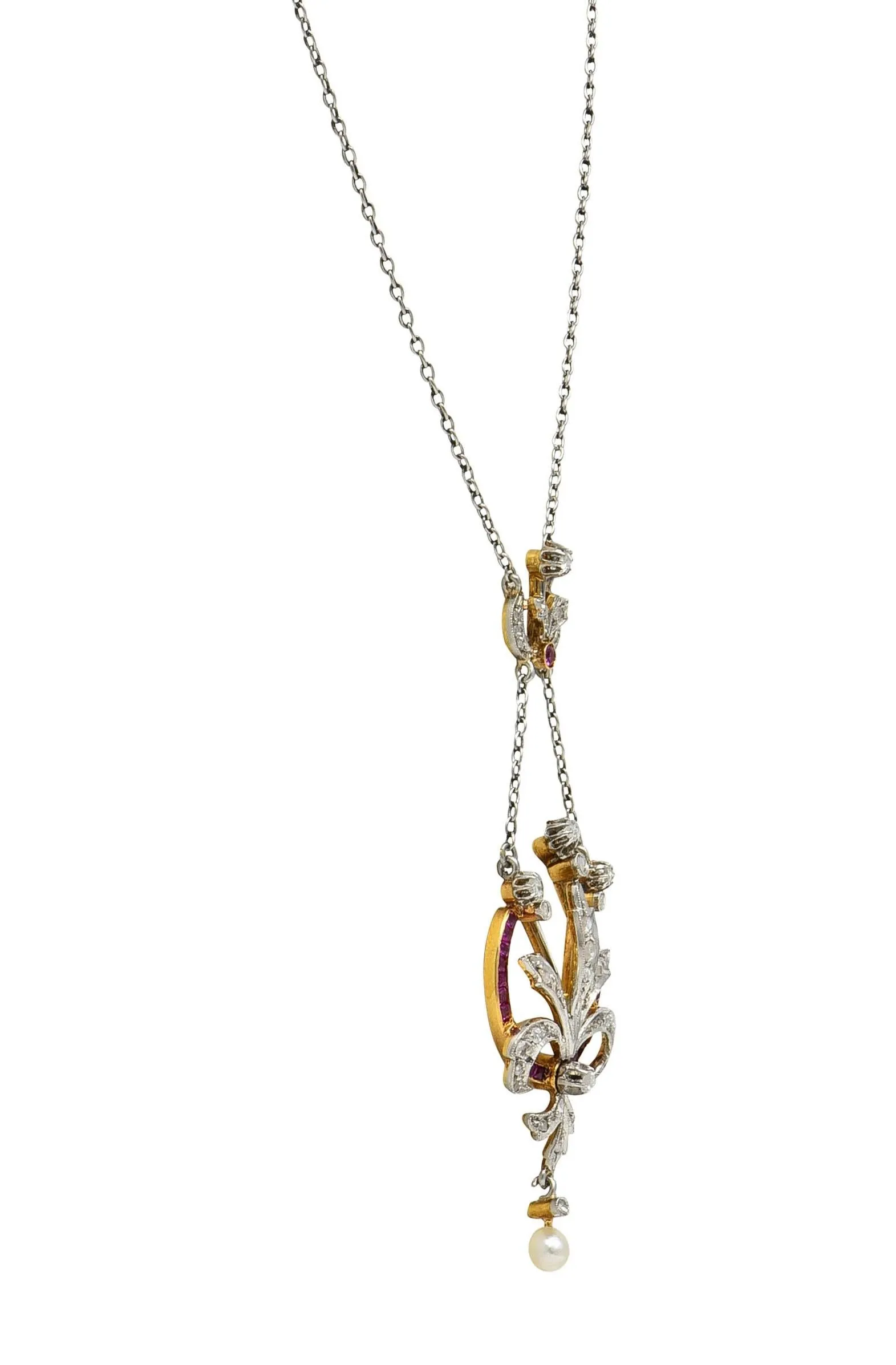 Edwardian 1.40 CTW Diamond Ruby Pearl Platinum 18 Karat Gold Antique Bouquet Necklace