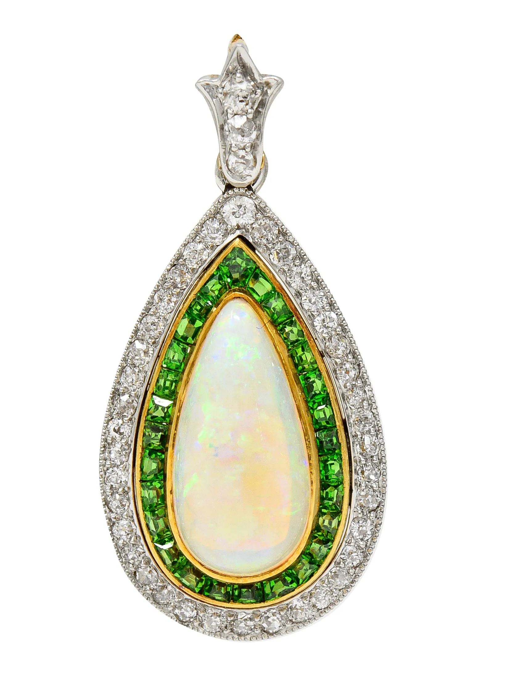 Edwardian Diamond Demantoid Garnet Opal Halo Lily Teardrop Antique Pendant