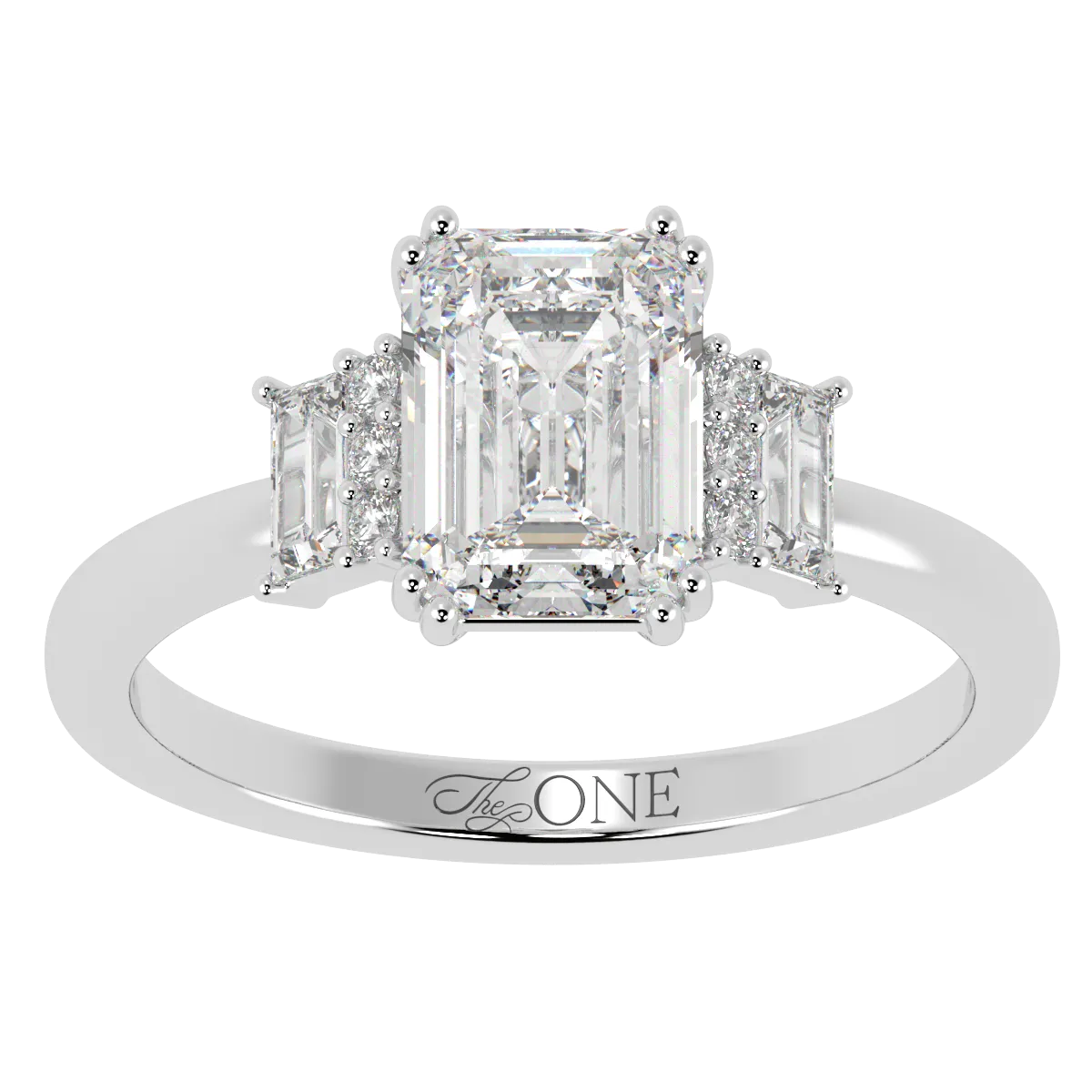 Emerald, Baguette & Round Diamond Engagement Ring