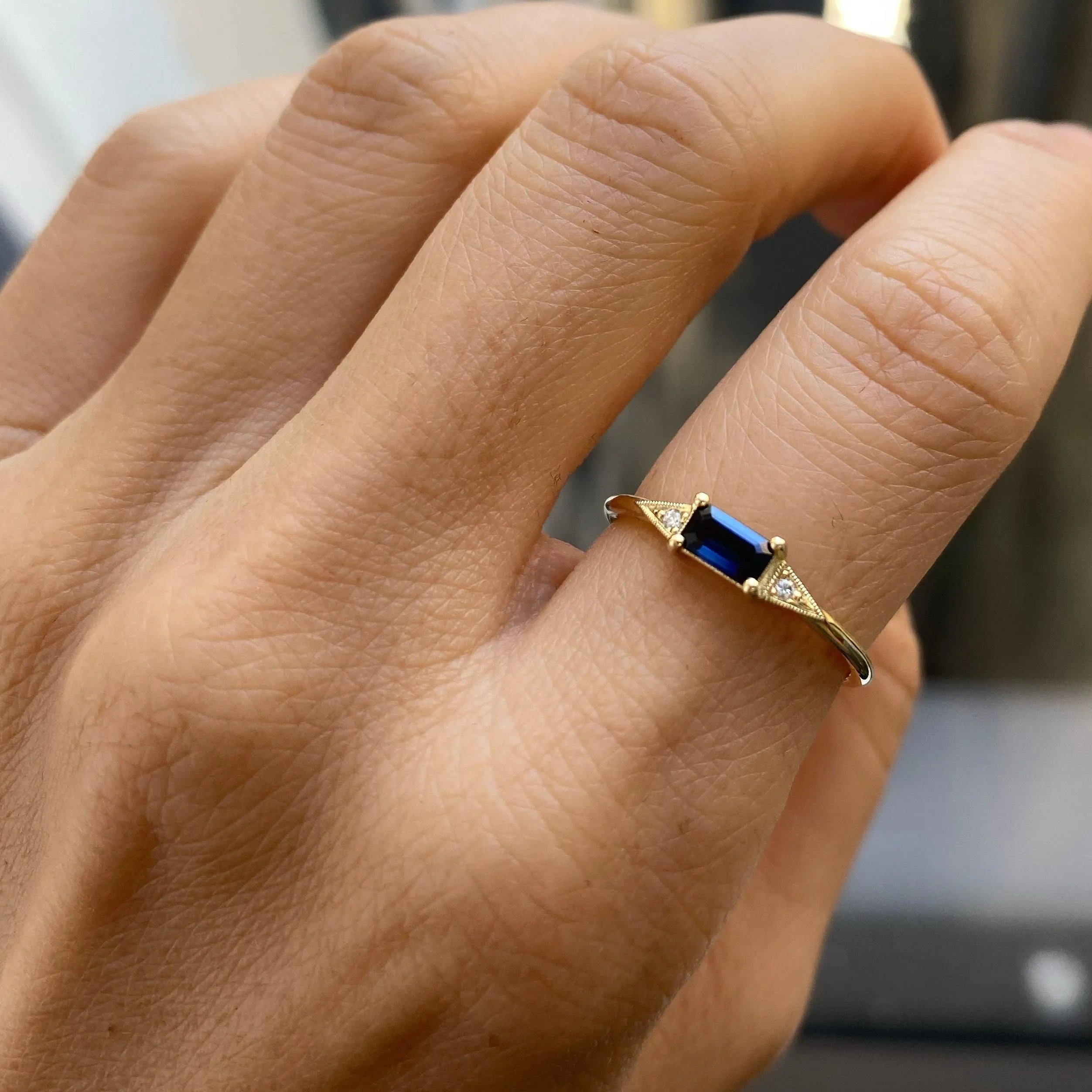Emerald Cut Blue Sapphire Deco Ring