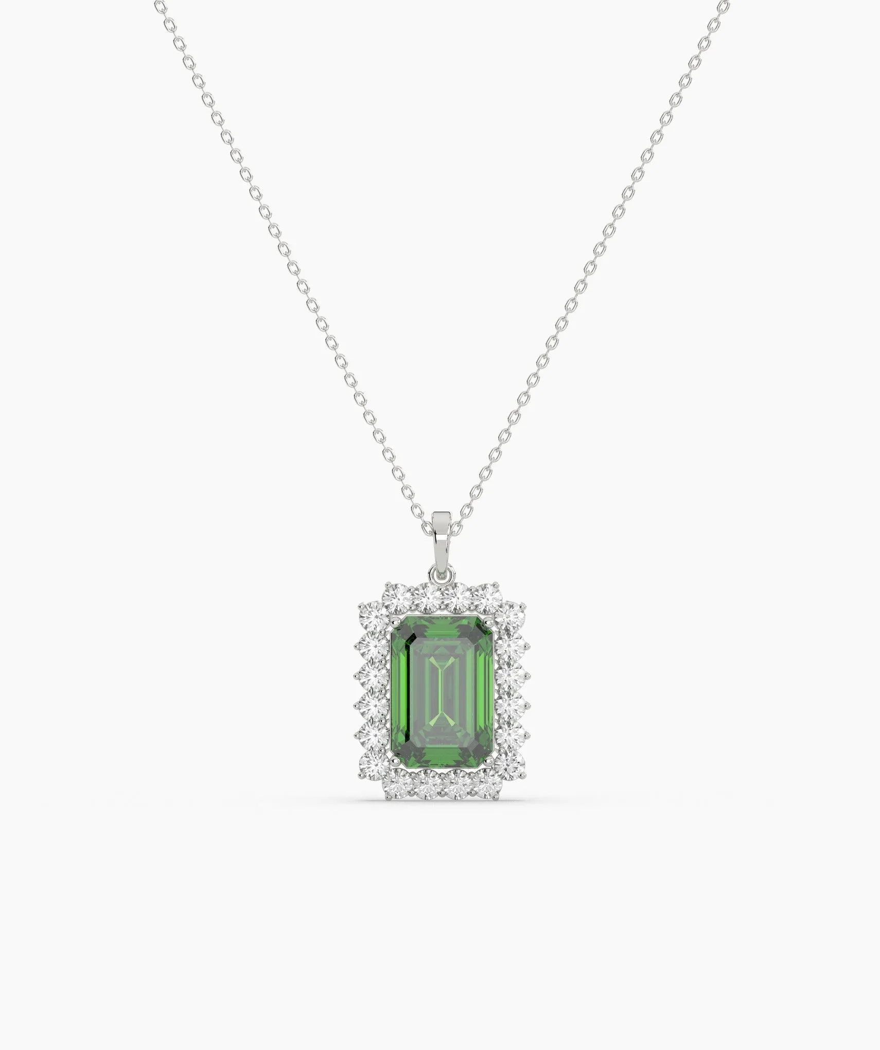 Emerald-Cut Green Stone Halo Necklace