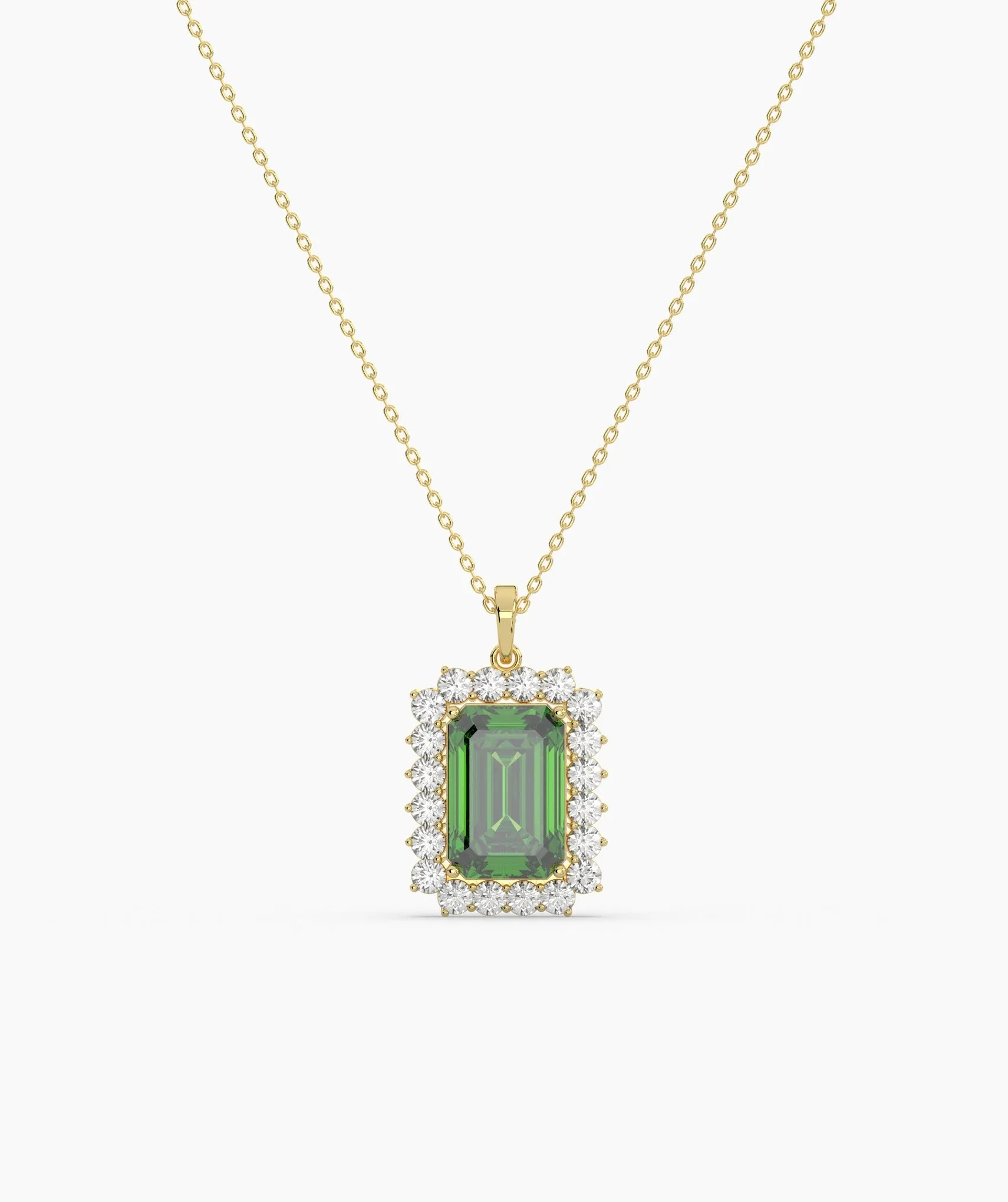 Emerald-Cut Green Stone Halo Necklace