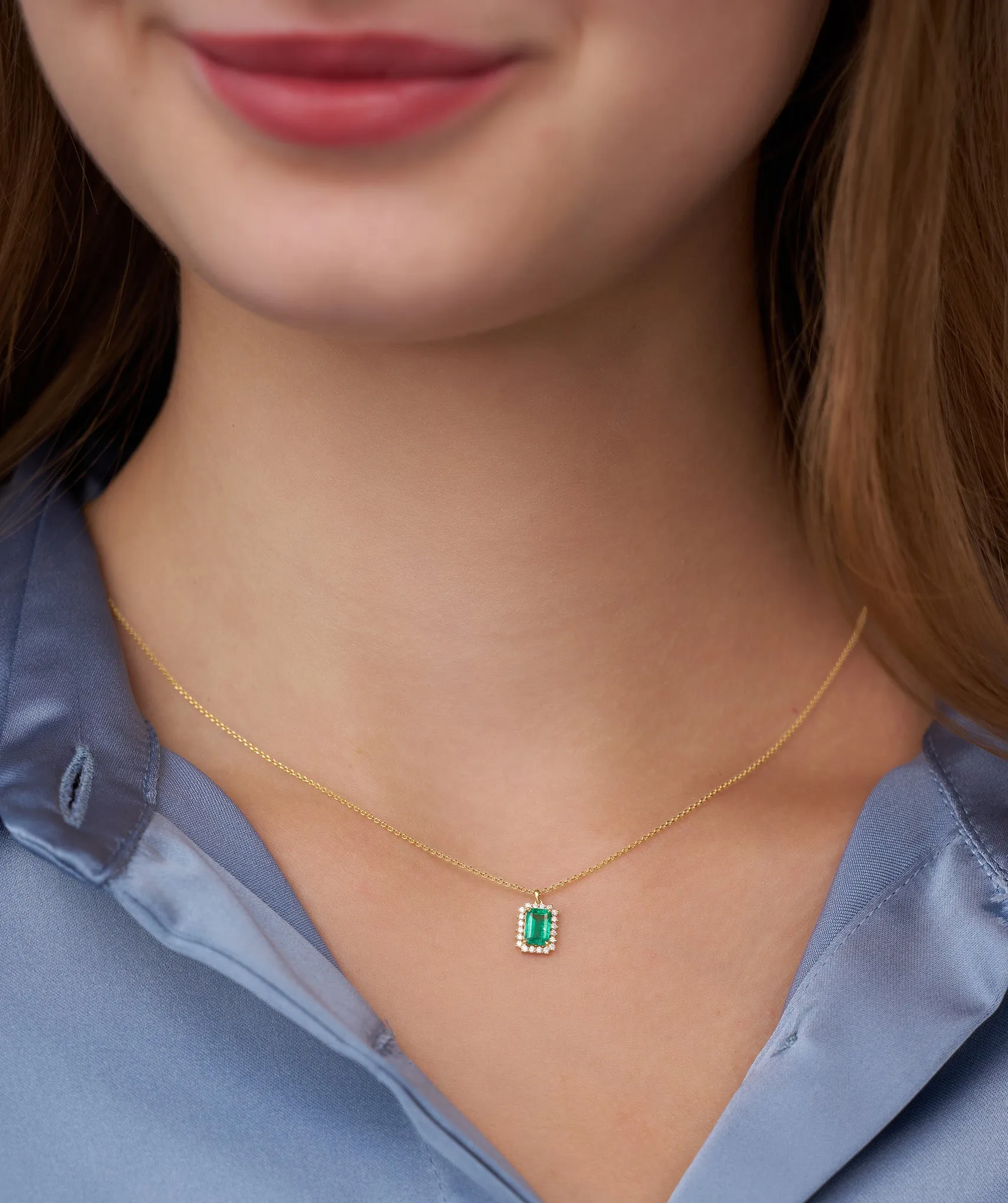 Emerald-Cut Green Stone Halo Necklace