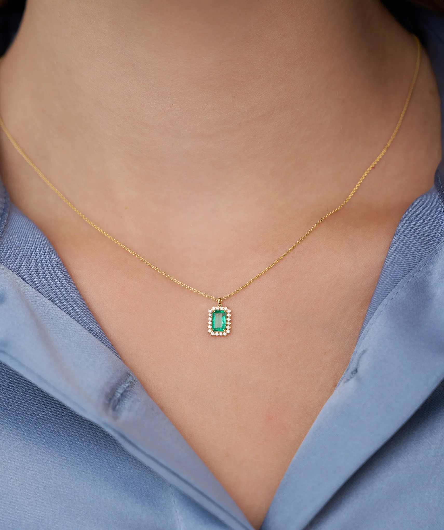 Emerald-Cut Green Stone Halo Necklace