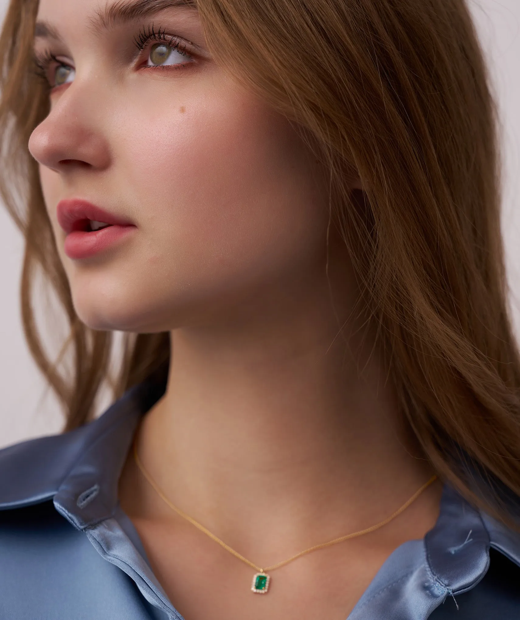 Emerald-Cut Green Stone Halo Necklace