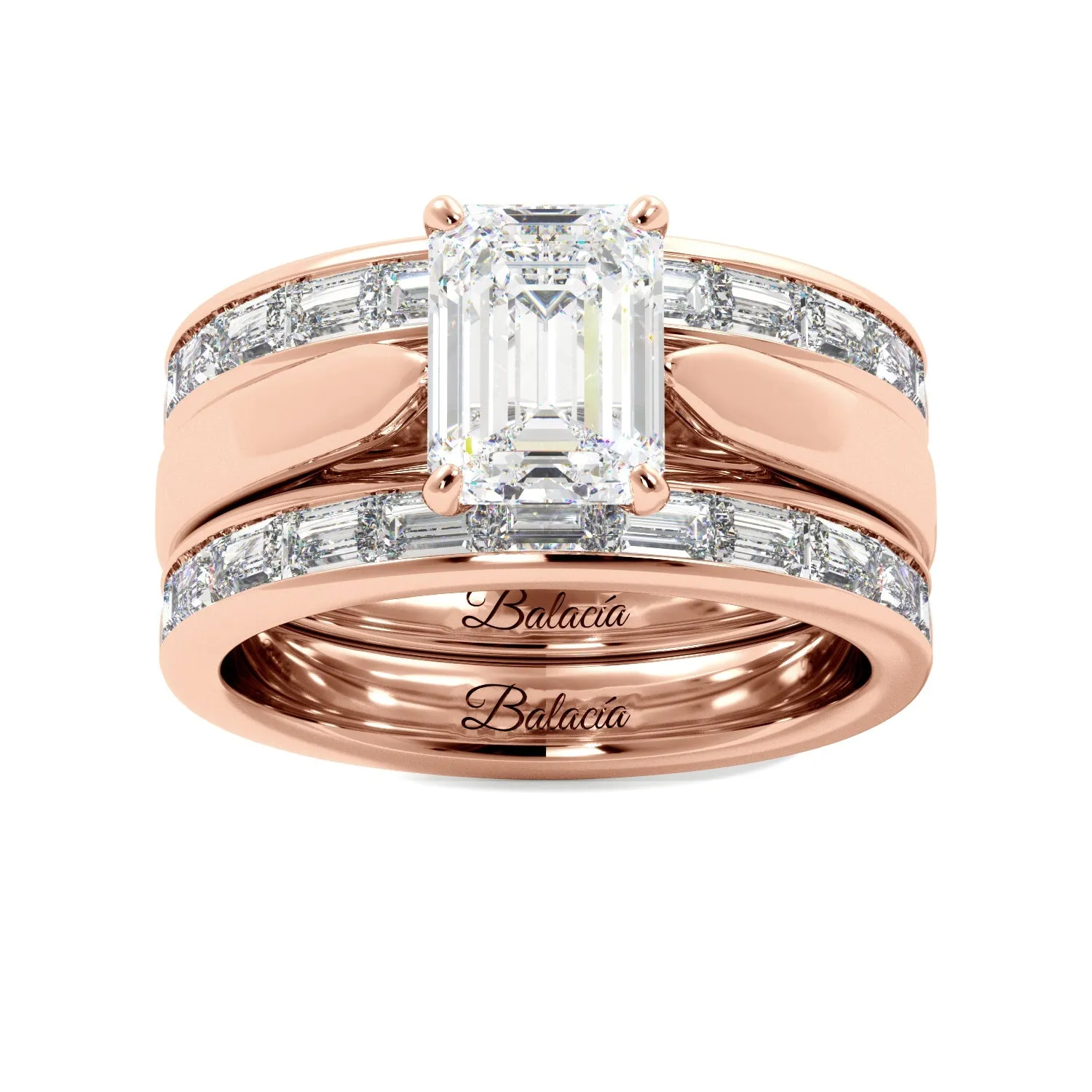 Emerald Cut Solitaire Bagguette Bands Engagement Ring Set