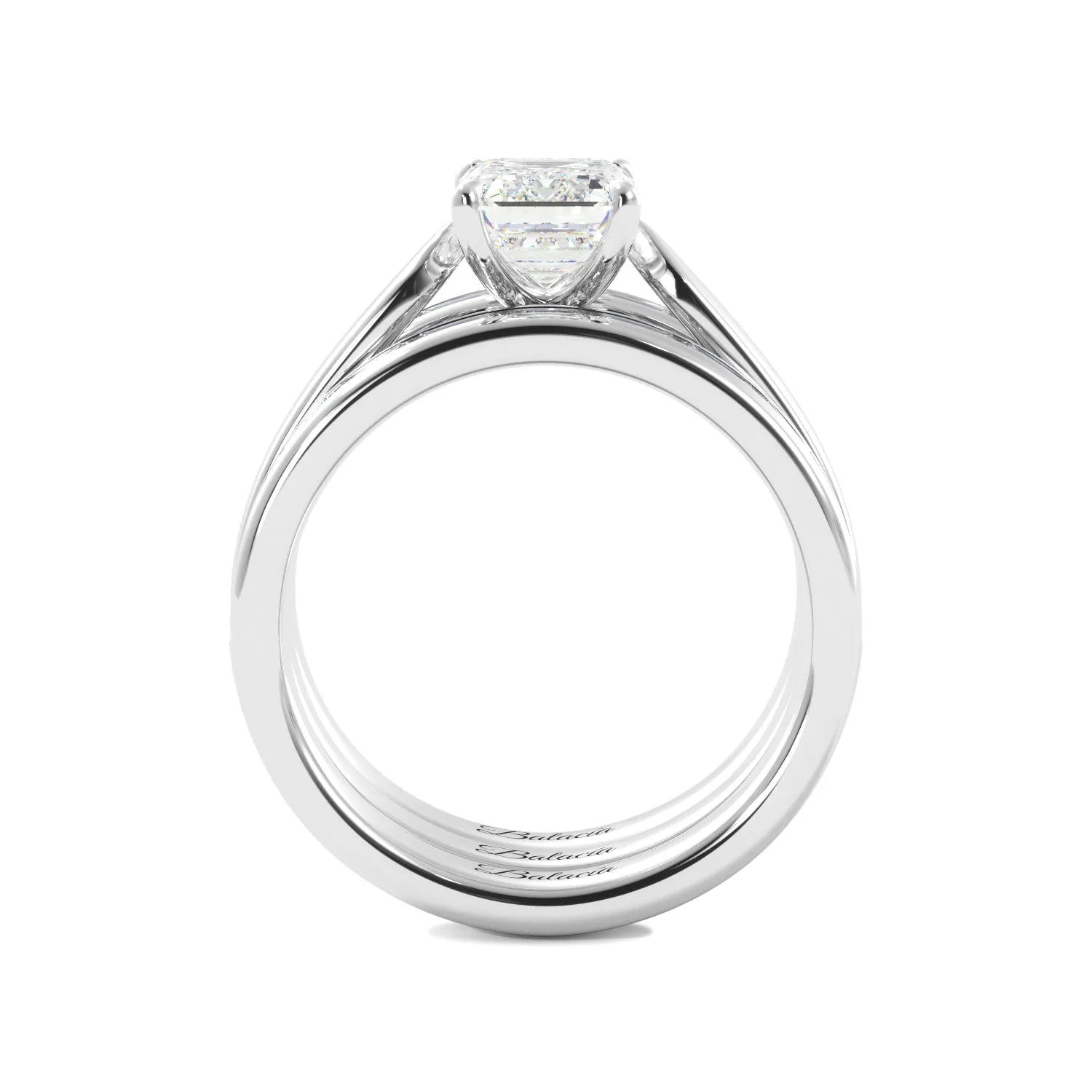 Emerald Cut Solitaire Bagguette Bands Engagement Ring Set