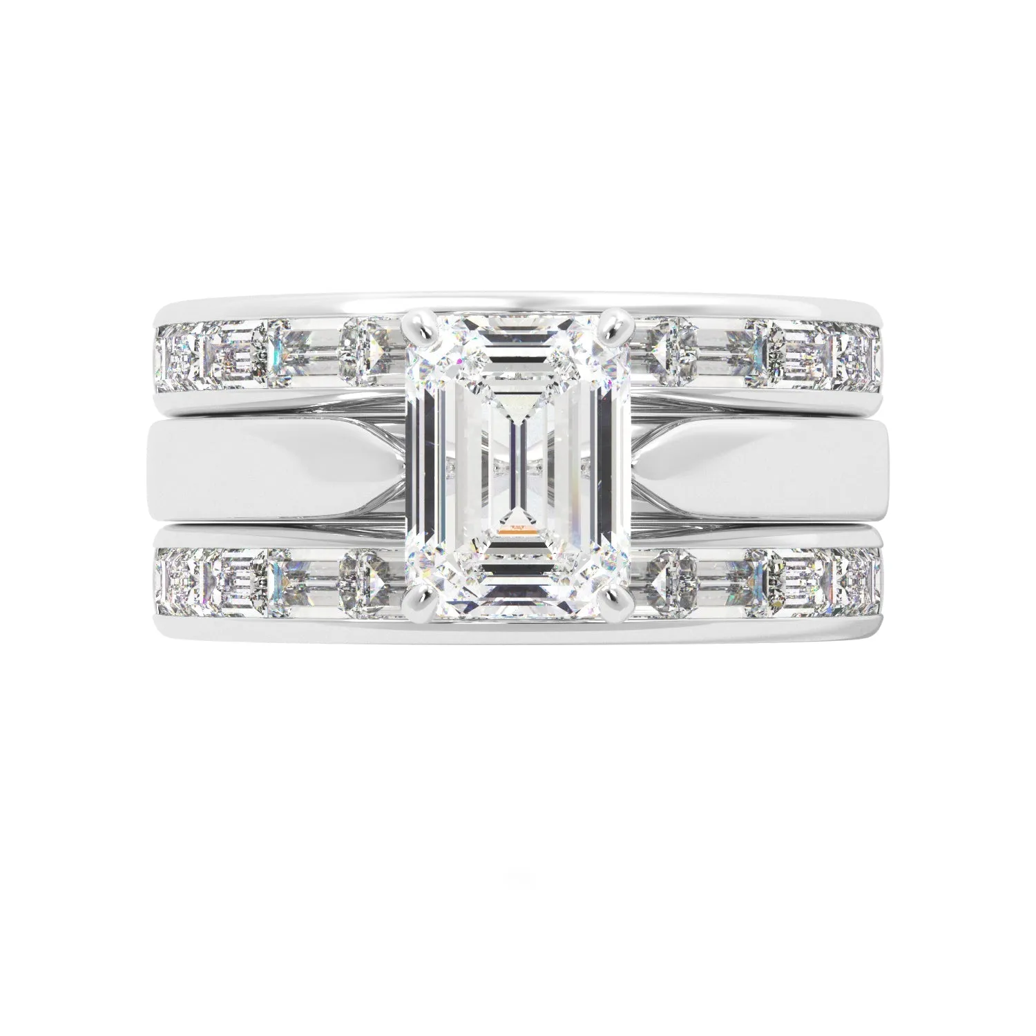 Emerald Cut Solitaire Bagguette Bands Engagement Ring Set