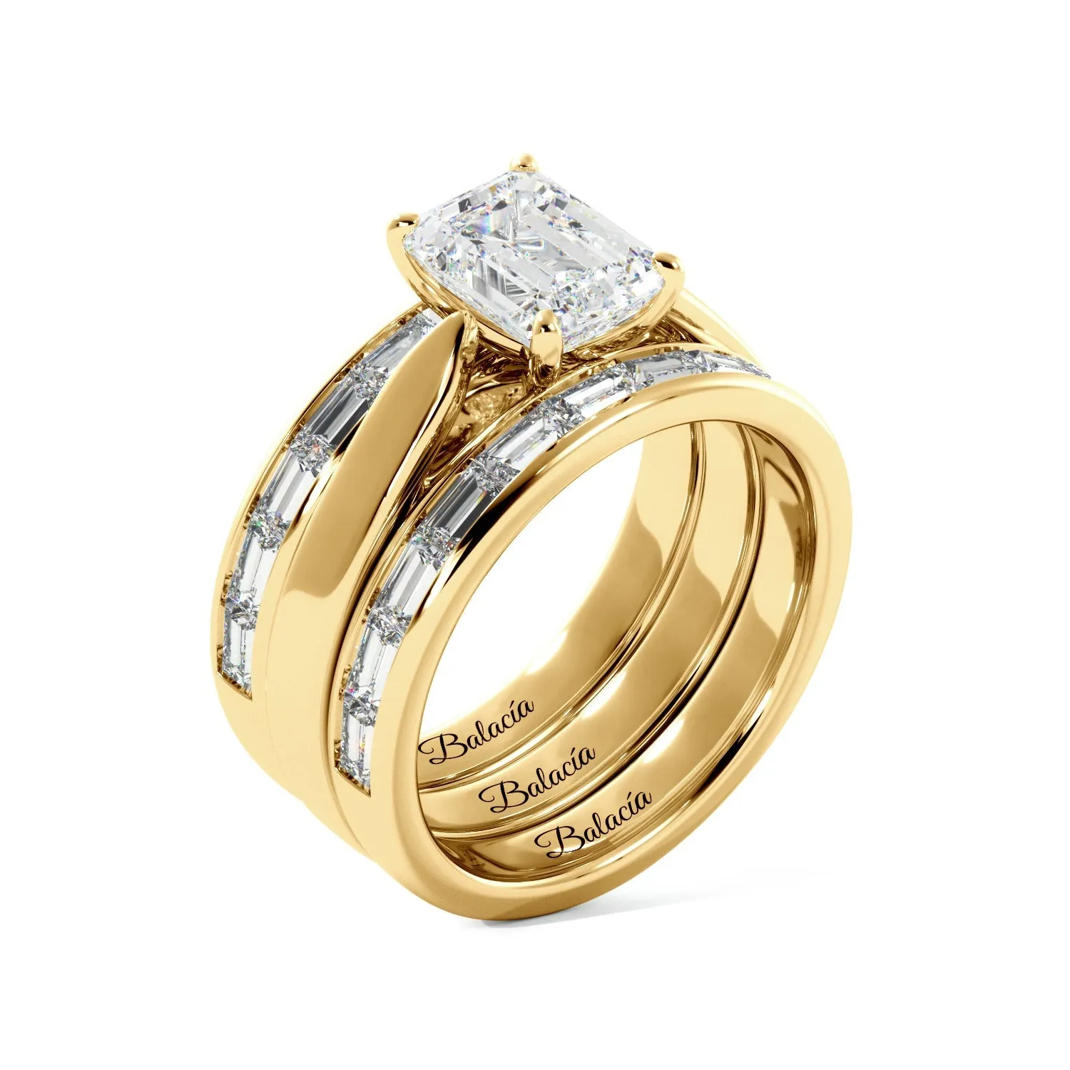 Emerald Cut Solitaire Bagguette Bands Engagement Ring Set