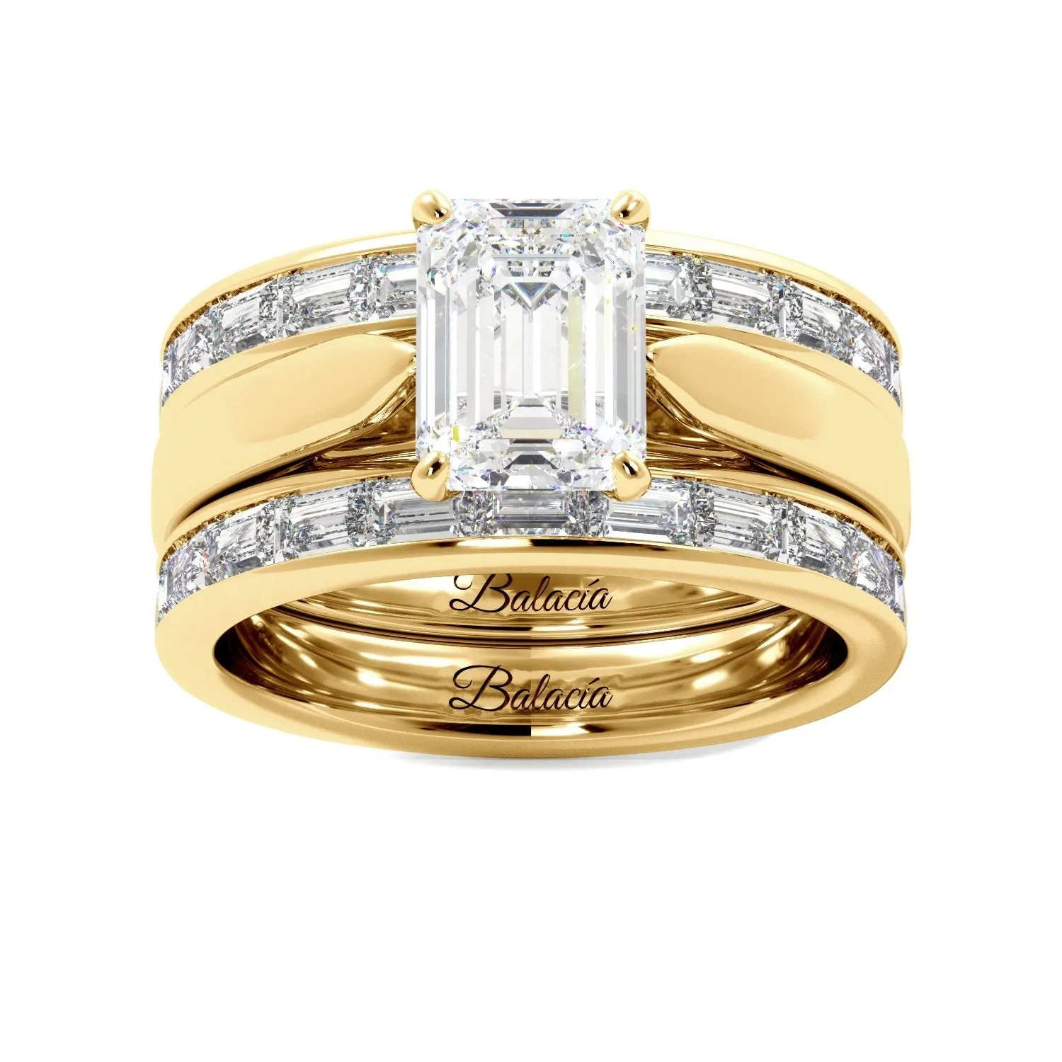 Emerald Cut Solitaire Bagguette Bands Engagement Ring Set