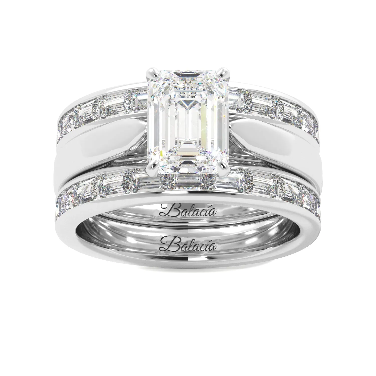Emerald Cut Solitaire Bagguette Bands Engagement Ring Set