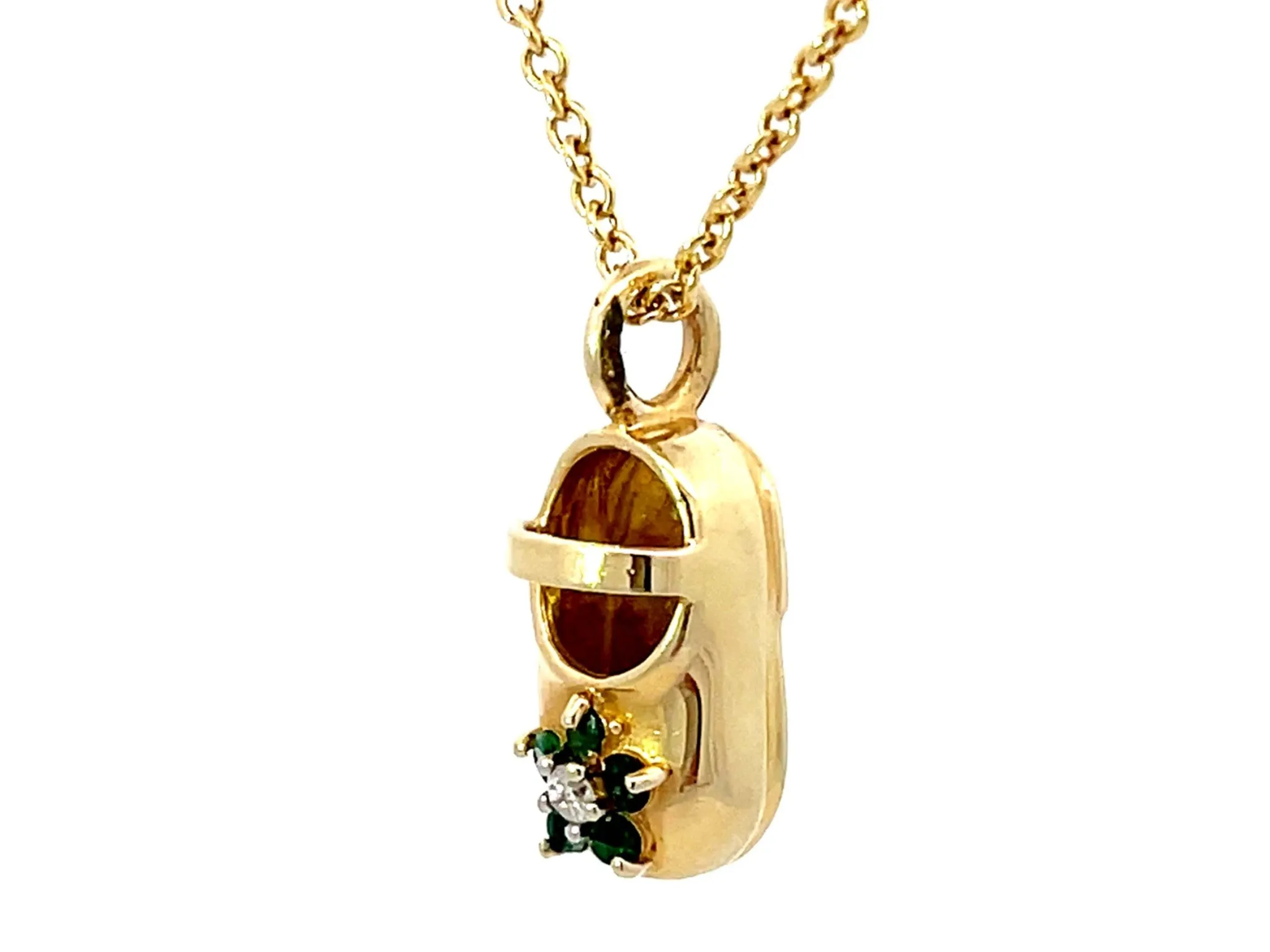 Emerald Diamond Flower Shoe Pendant Necklace Solid 14K Yellow Gold