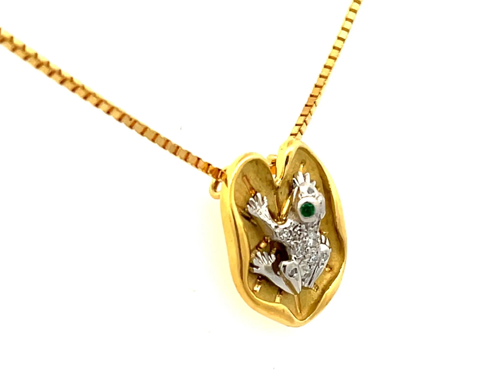 Emerald Eyes & Diamond Frog Necklace on Lily Pad in 18K Yellow Gold and Platinum
