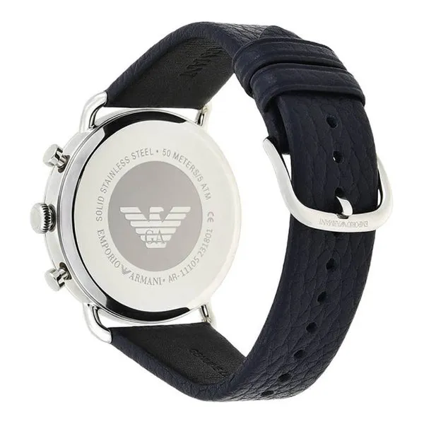 EMPORIO ARMANI Aviator Black Leather Strap Blue Dial Chronograph Quartz Watch for Gents - AR11105