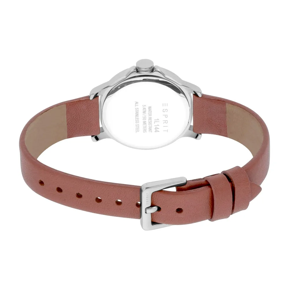 Esprit Ladies Watch Old Rose Leather Strap With Silver Color Case & Stone Inside The Dial