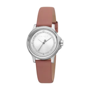 Esprit Ladies Watch Old Rose Leather Strap With Silver Color Case & Stone Inside The Dial