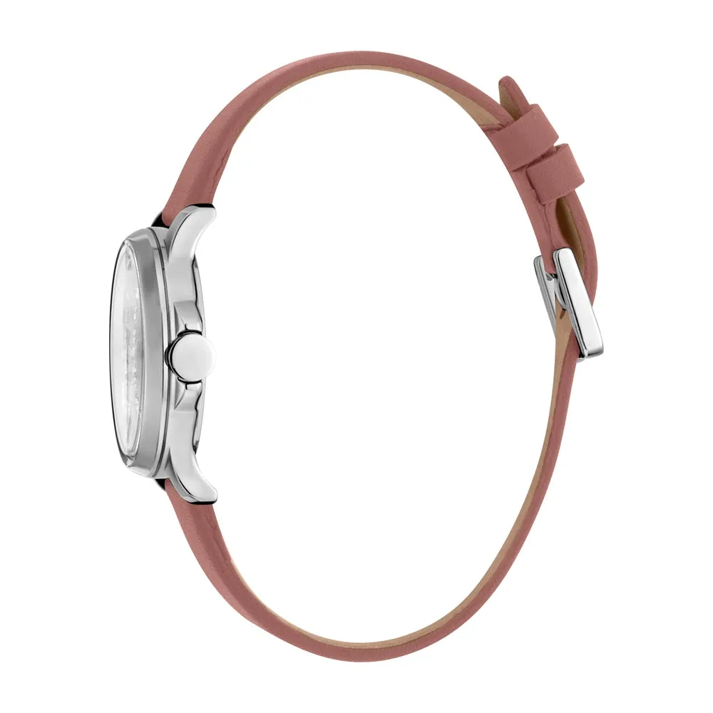 Esprit Ladies Watch Old Rose Leather Strap With Silver Color Case & Stone Inside The Dial