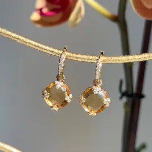 Estate 18KT Yellow Gold Checkerboard Citrine   Diamond Huggie Hoop Charm Earrings