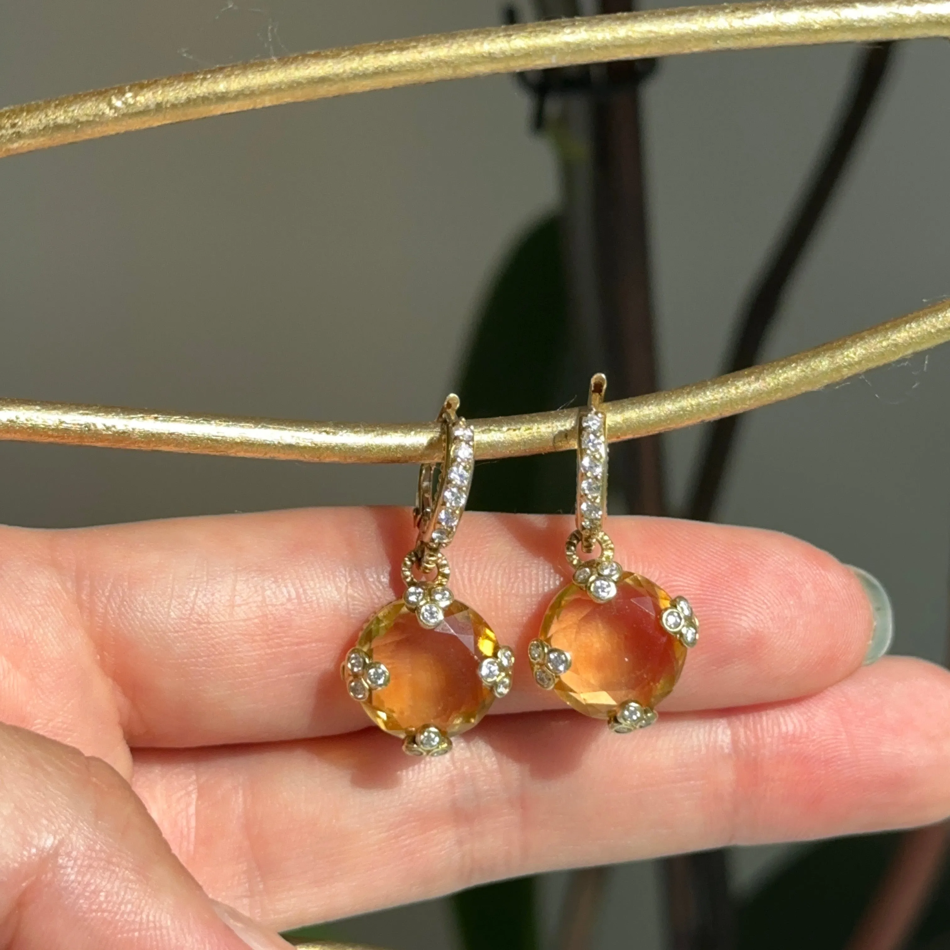 Estate 18KT Yellow Gold Checkerboard Citrine   Diamond Huggie Hoop Charm Earrings