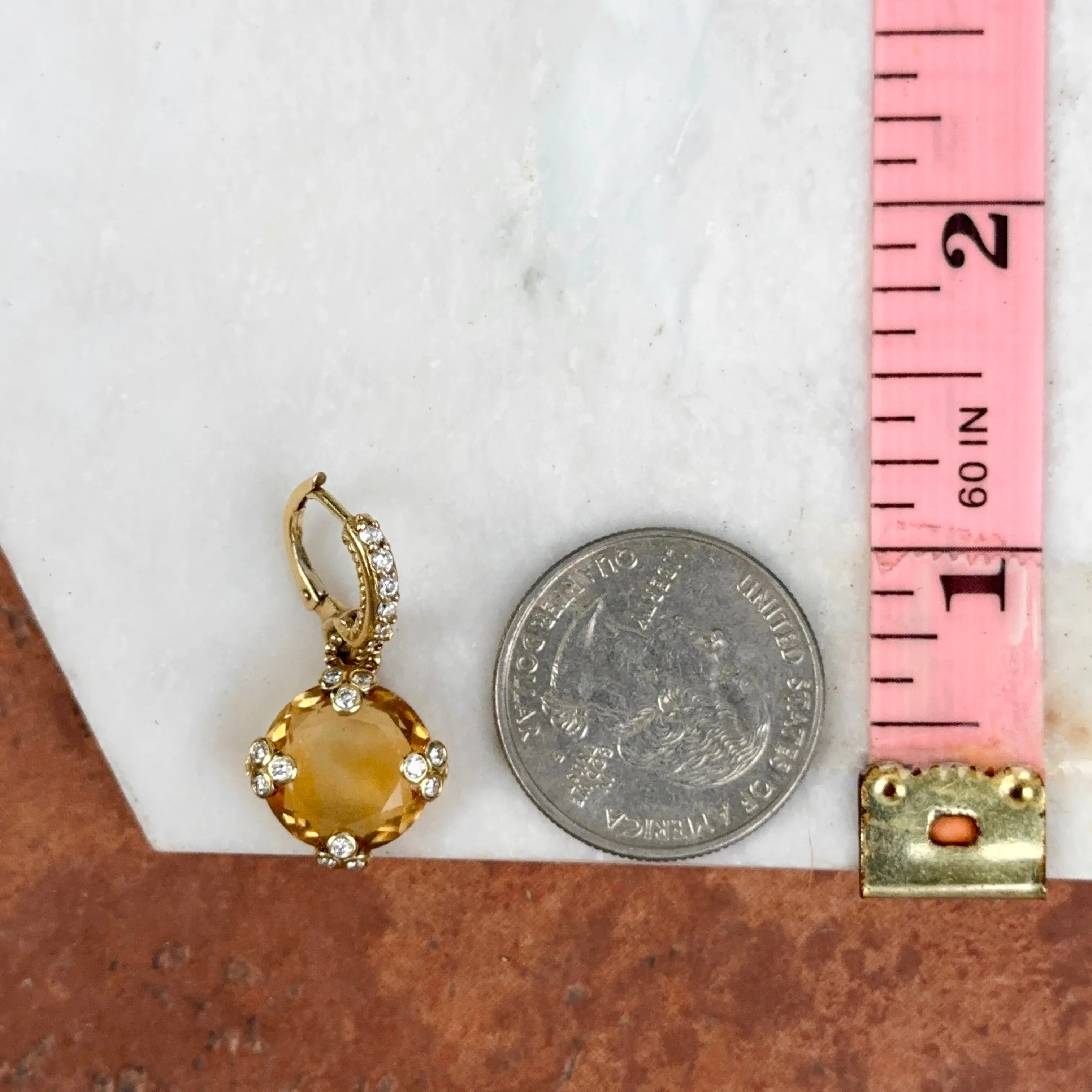 Estate 18KT Yellow Gold Checkerboard Citrine   Diamond Huggie Hoop Charm Earrings