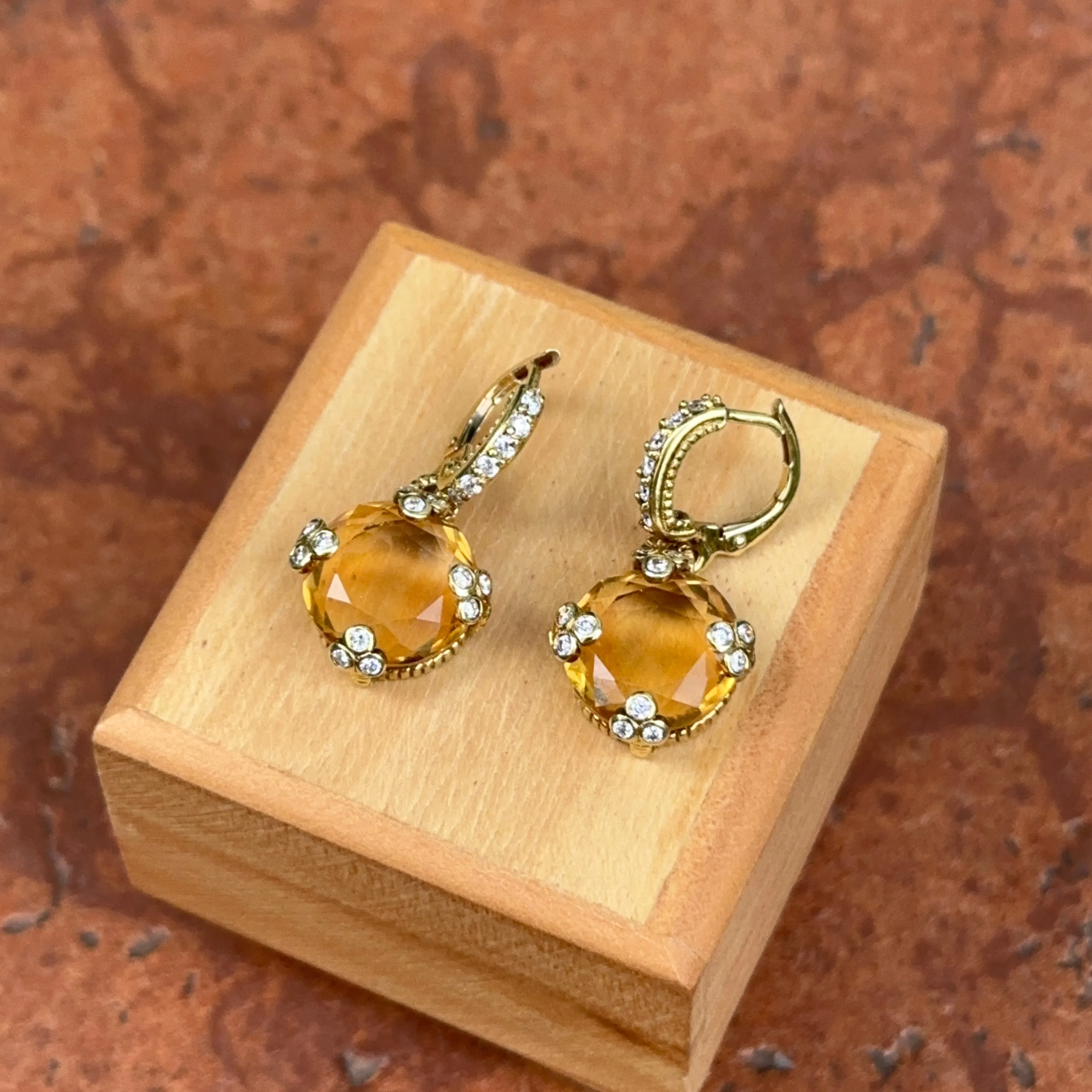 Estate 18KT Yellow Gold Checkerboard Citrine   Diamond Huggie Hoop Charm Earrings