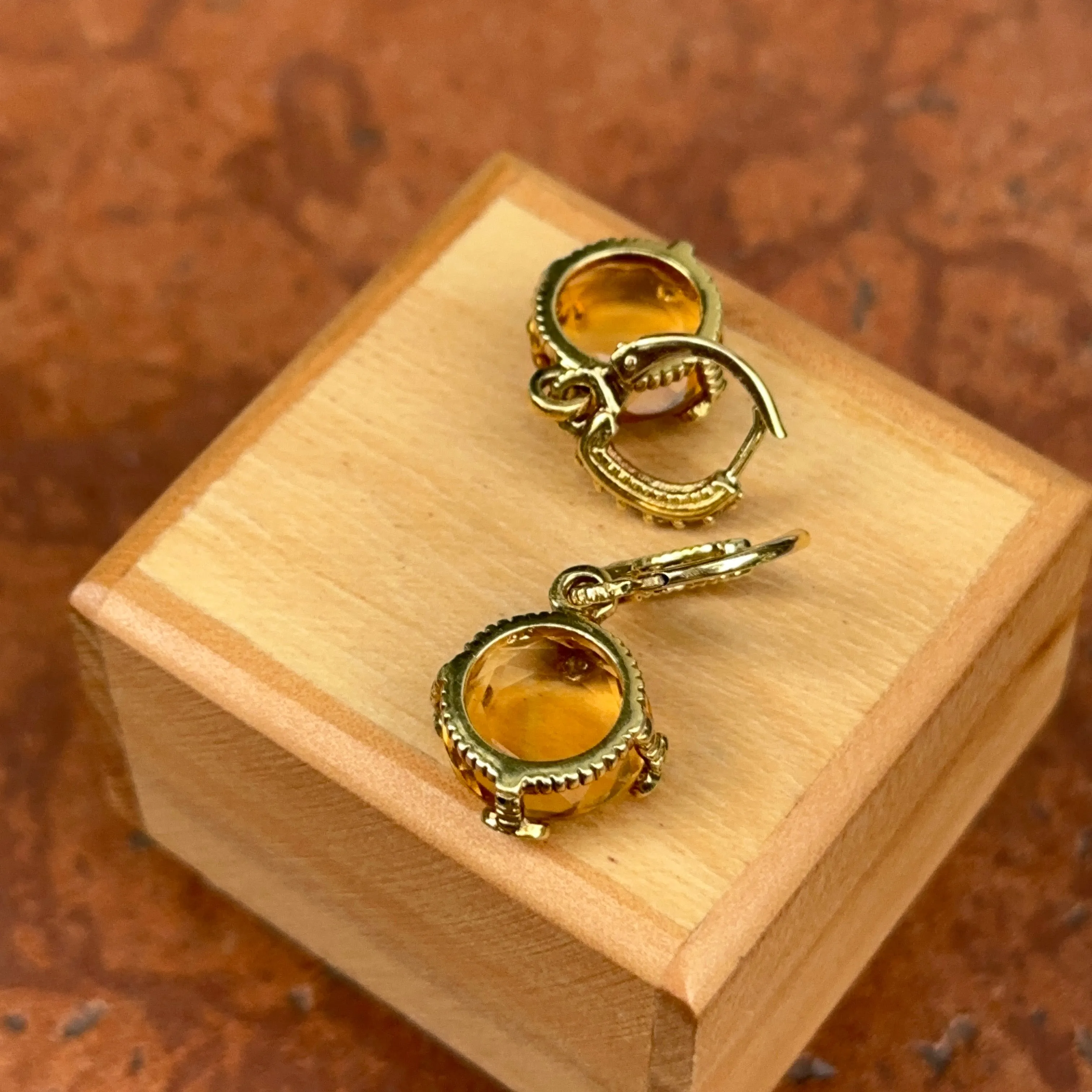 Estate 18KT Yellow Gold Checkerboard Citrine   Diamond Huggie Hoop Charm Earrings