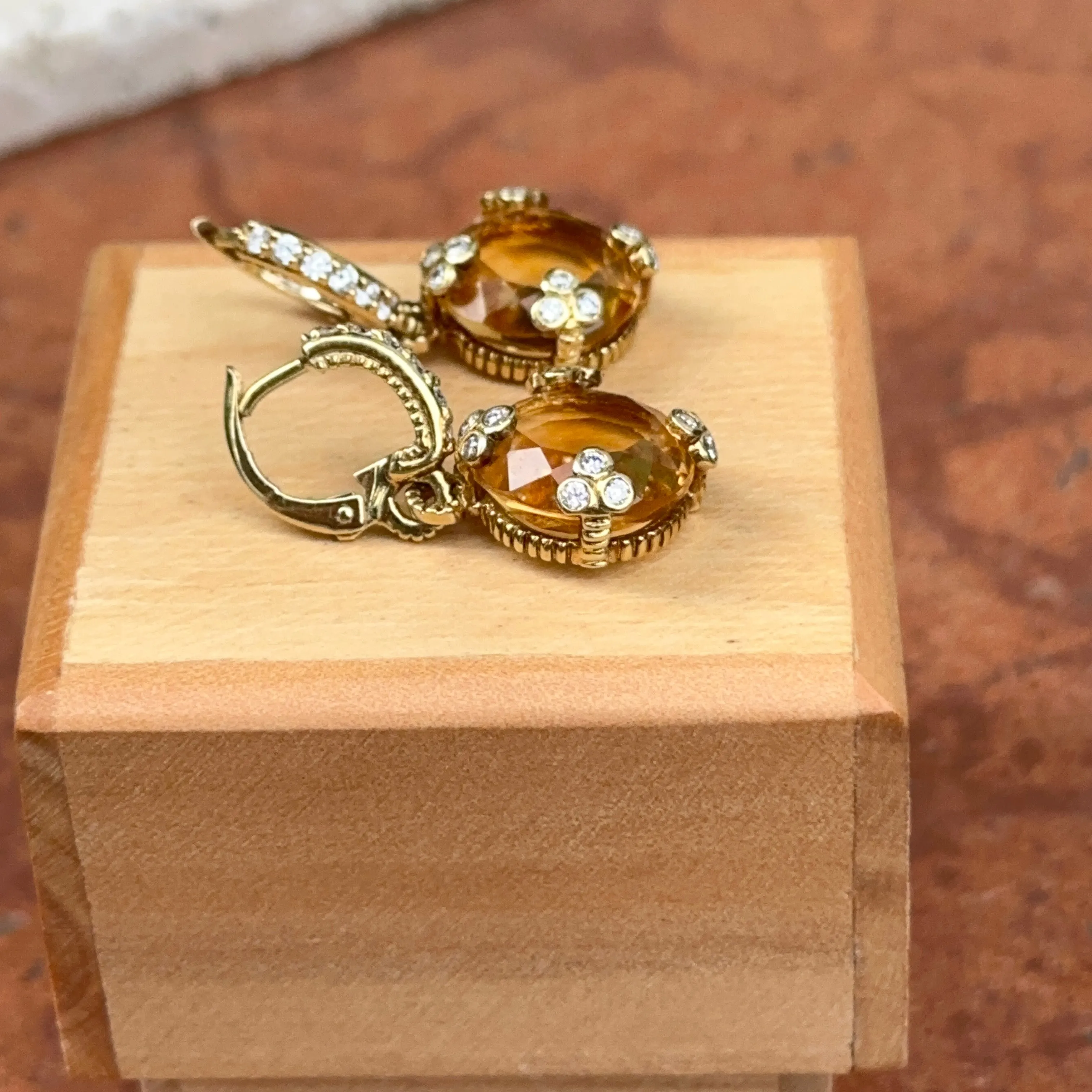 Estate 18KT Yellow Gold Checkerboard Citrine   Diamond Huggie Hoop Charm Earrings