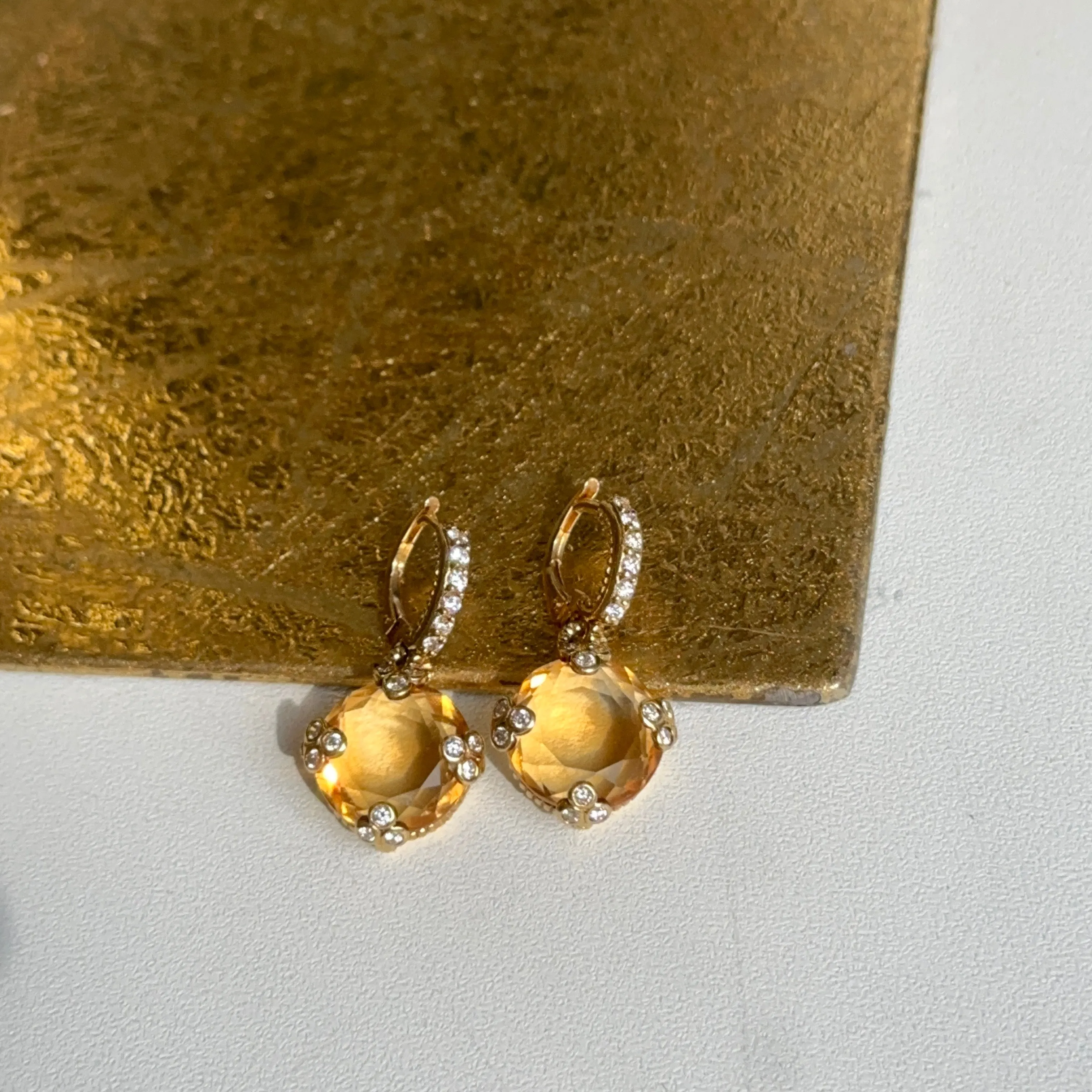 Estate 18KT Yellow Gold Checkerboard Citrine   Diamond Huggie Hoop Charm Earrings