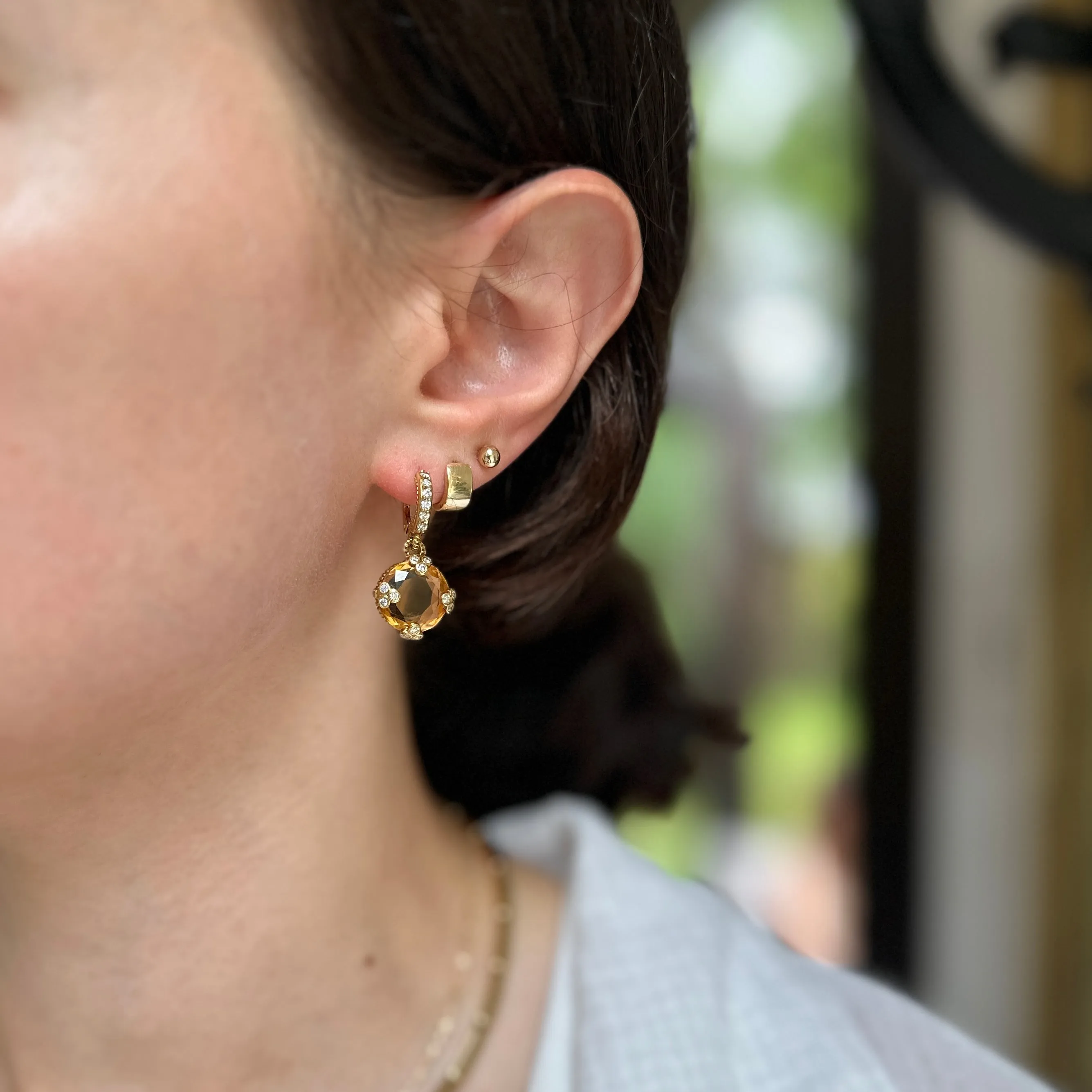 Estate 18KT Yellow Gold Checkerboard Citrine   Diamond Huggie Hoop Charm Earrings