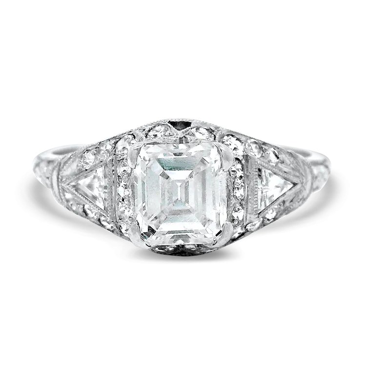 Estate Platinum Traub Orange Blossom Square Emerald Cut Diamond Ring
