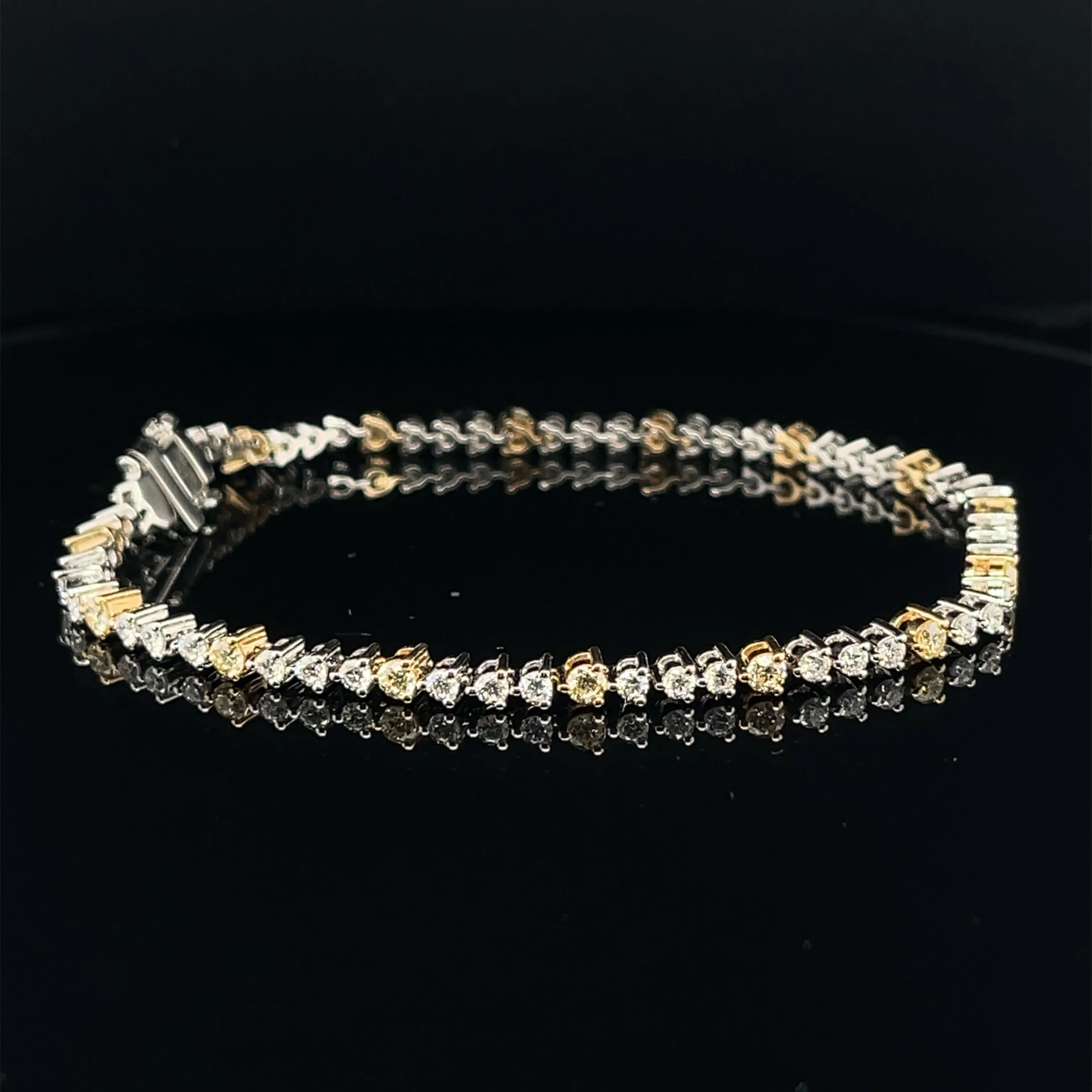 Fancy Yellow & White Diamond Slim Three Prong Tennis Bracelet in 18k Two Tone Gold - (#134-JB0111GP - 09)