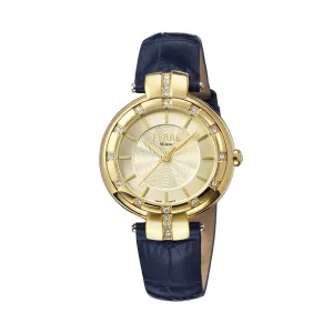 Ferre Milano Ladies Watch Golden Color Case With Blue Leather Strap