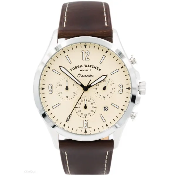 Fossil Forrester Brown Leather Strap Cream Dial Chronograph Quartz Watch for Gents - FS5696