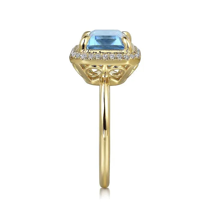 Gabriel 14K Yellow Gold Diamond and Blue Topaz Emerald Cut Ladies Ring LR52481Y45BT