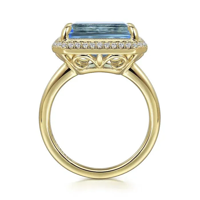 Gabriel 14K Yellow Gold Diamond and Blue Topaz Emerald Cut Ladies Ring LR52481Y45BT