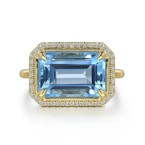 Gabriel 14K Yellow Gold Diamond and Blue Topaz Emerald Cut Ladies Ring LR52481Y45BT