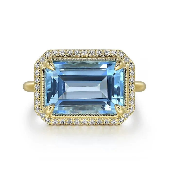 Gabriel 14K Yellow Gold Diamond and Blue Topaz Emerald Cut Ladies Ring LR52481Y45BT