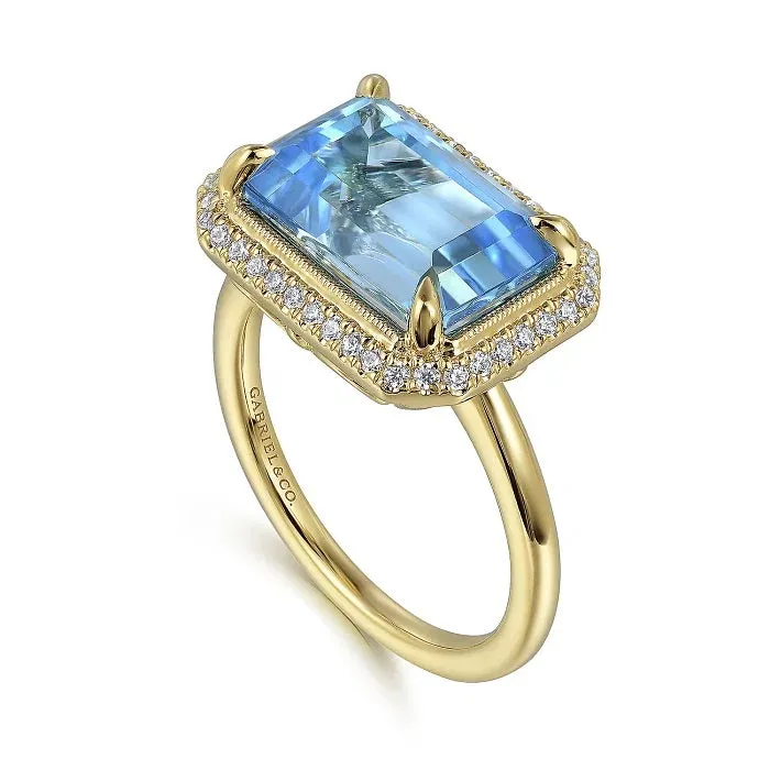Gabriel 14K Yellow Gold Diamond and Blue Topaz Emerald Cut Ladies Ring LR52481Y45BT