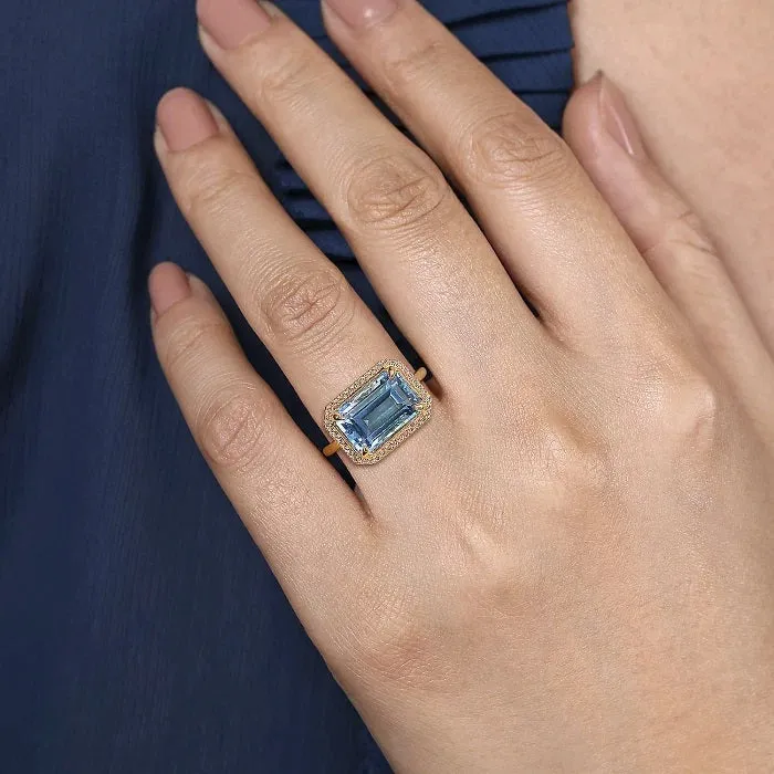 Gabriel 14K Yellow Gold Diamond and Blue Topaz Emerald Cut Ladies Ring LR52481Y45BT