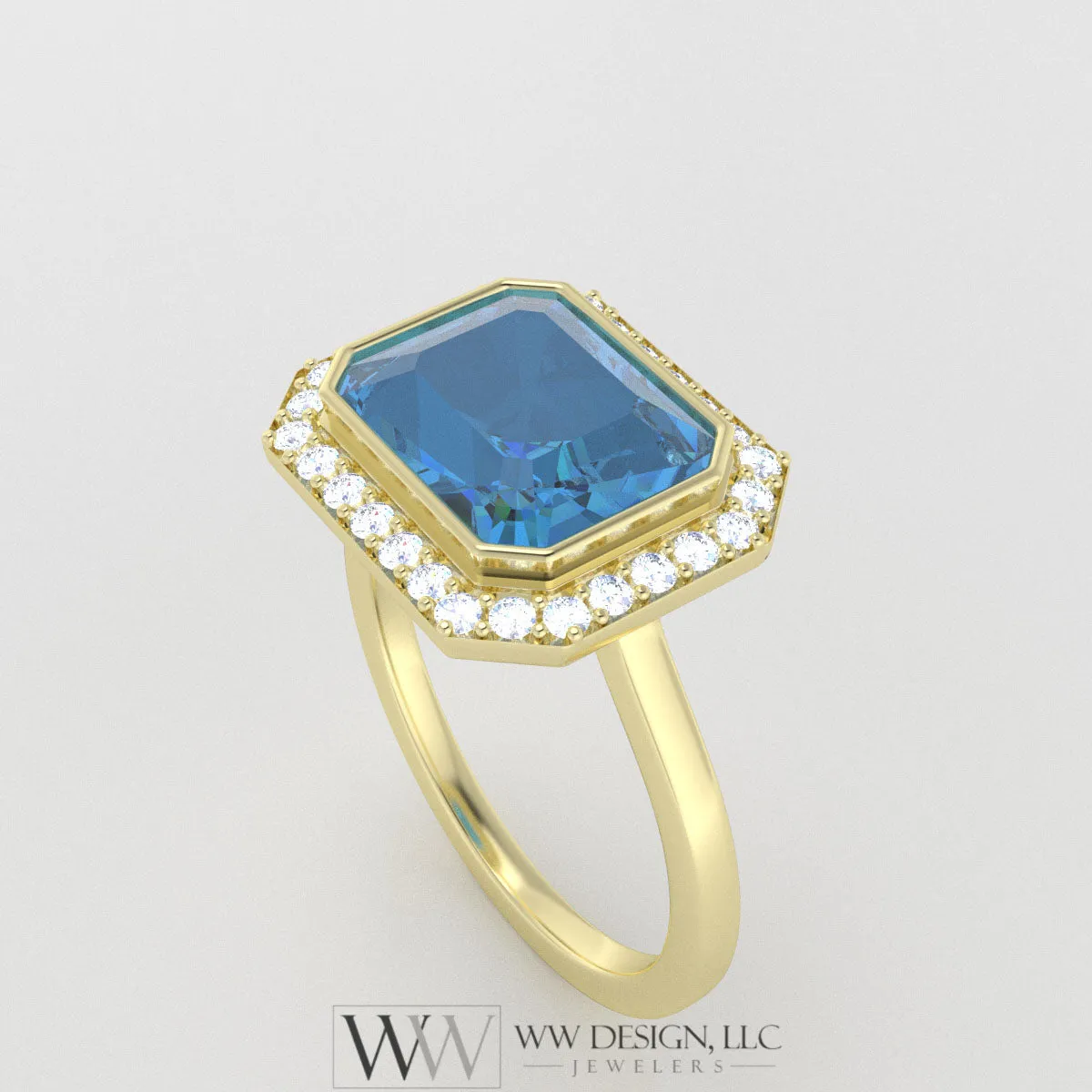 Genuine 4.25 Swiss Blue Topaz East West Emerald Shaped Ring with 0.28ctw Diamond Halo - 14k 18k Gold (Y, R,W) Platinum