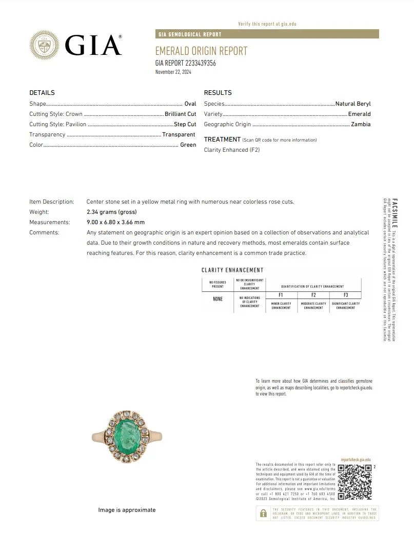 GIA 1.40 carat oval cut emerald diamond 14k yellow gold cluster ring